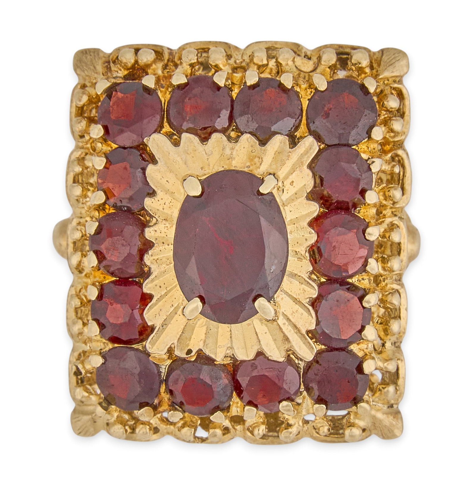14K Garnet Dome Ring: 14K yellow gold (tested) dome style ring, set with oval and round cut garnet in prong settings, with pierced framework Size: 3.75 Total weight: 7.9 g Provenance: Property from an estate