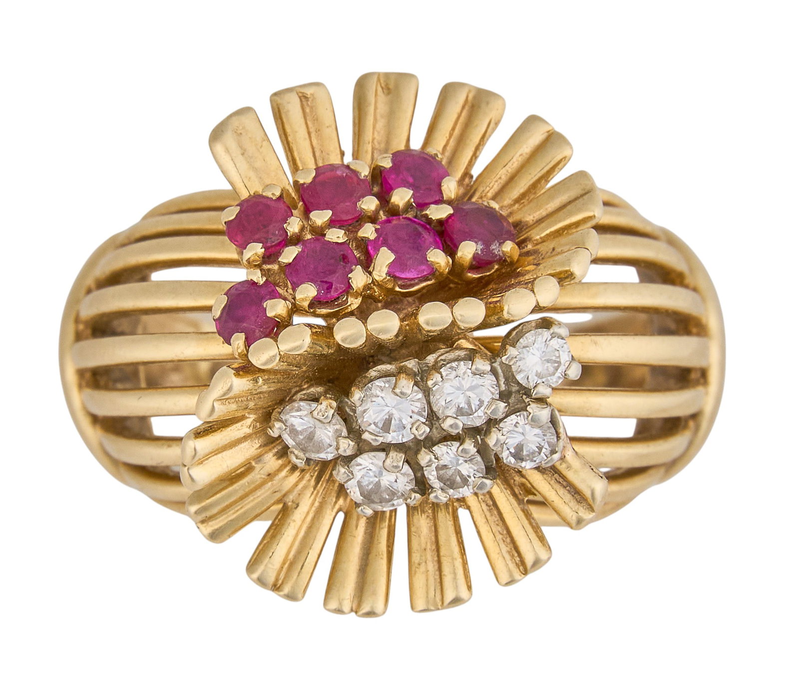 14K Diamond & Ruby Cocktail Ring: 14K yellow gold (tested) cocktail ring, set with seven round cut rubies and seven round cut diamonds, approximately 0.4 ctw each, 0.8 ctw combined, in sunburst design Size: 7 Total weight: 8.0 g