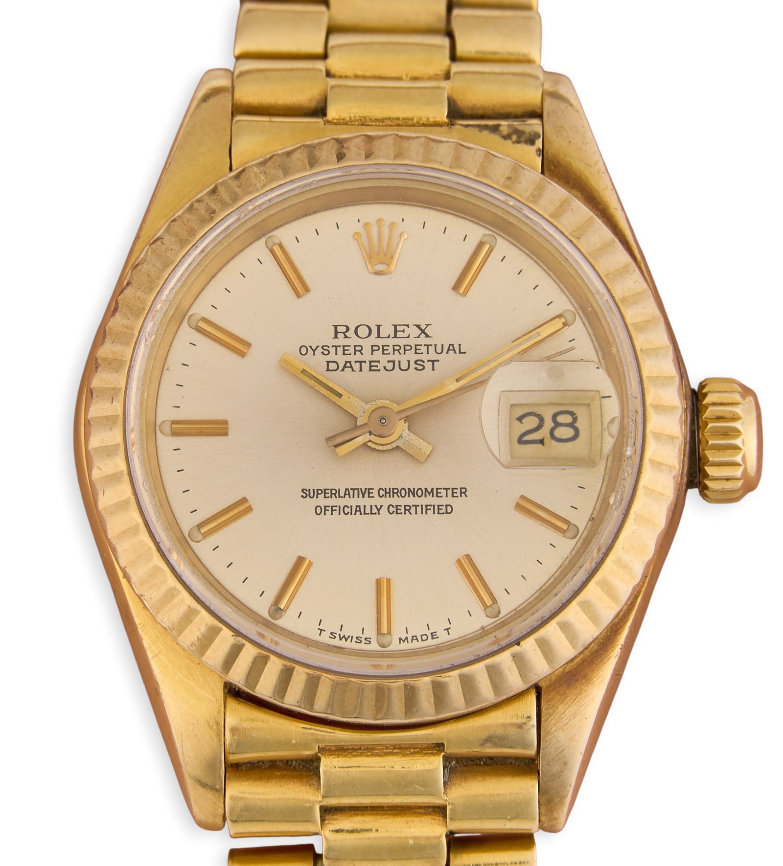 Vintage 18K Rolex Ladies Datejust Chronometer Watch: Vintage ladies 18K yellow gold Rolex Datejust chronometer watch, circa 1986, reference number 69178, serial number 9016738, gold Oyster case with fluted bezel and Swiss hallmarks for 18K, signed gold-