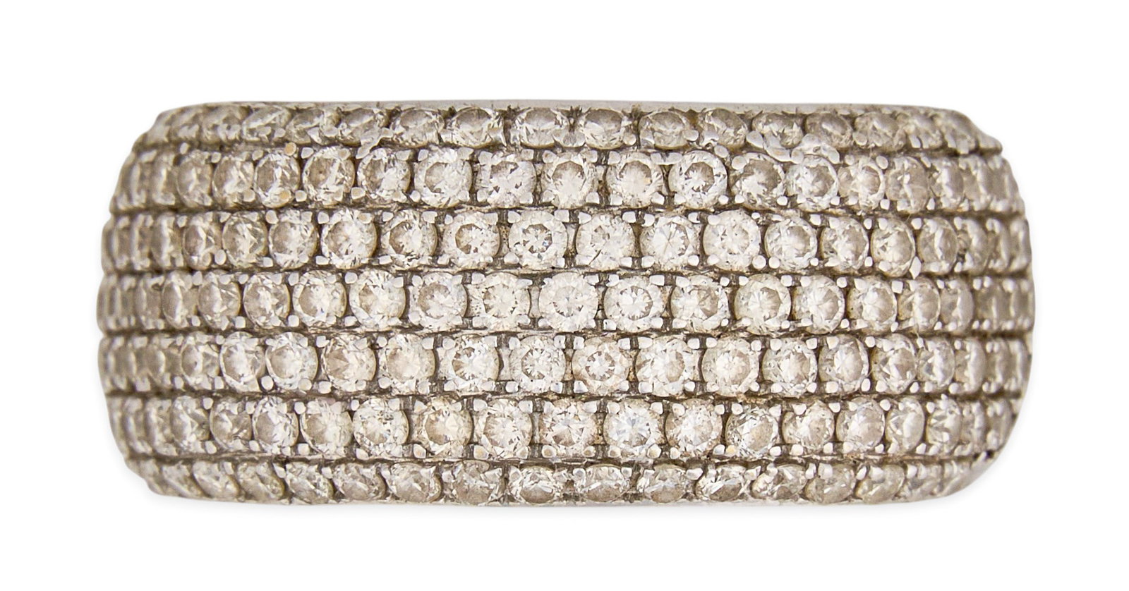 14K Pave Diamond Ring: 14K white gold ring, set with round diamonds in pave design, marked "14K" Size: 7 Total weight: 6.3 g Provenance: Property from an estate collection at a home in the Lincoln Heights