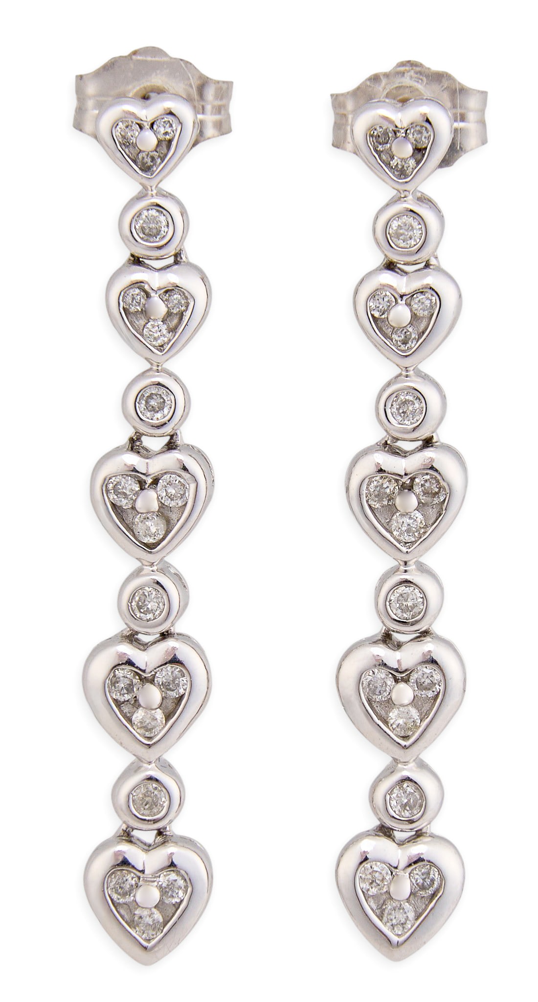 14K Diamond Heart Drop Earrings: Pair of 14K white gold drop earrings, with heart motifs set with round cut diamonds, marked "14K" Length: 1.5 in. Total weight: 3.9 g Provenance: Property from a home in San Antonio, Texas