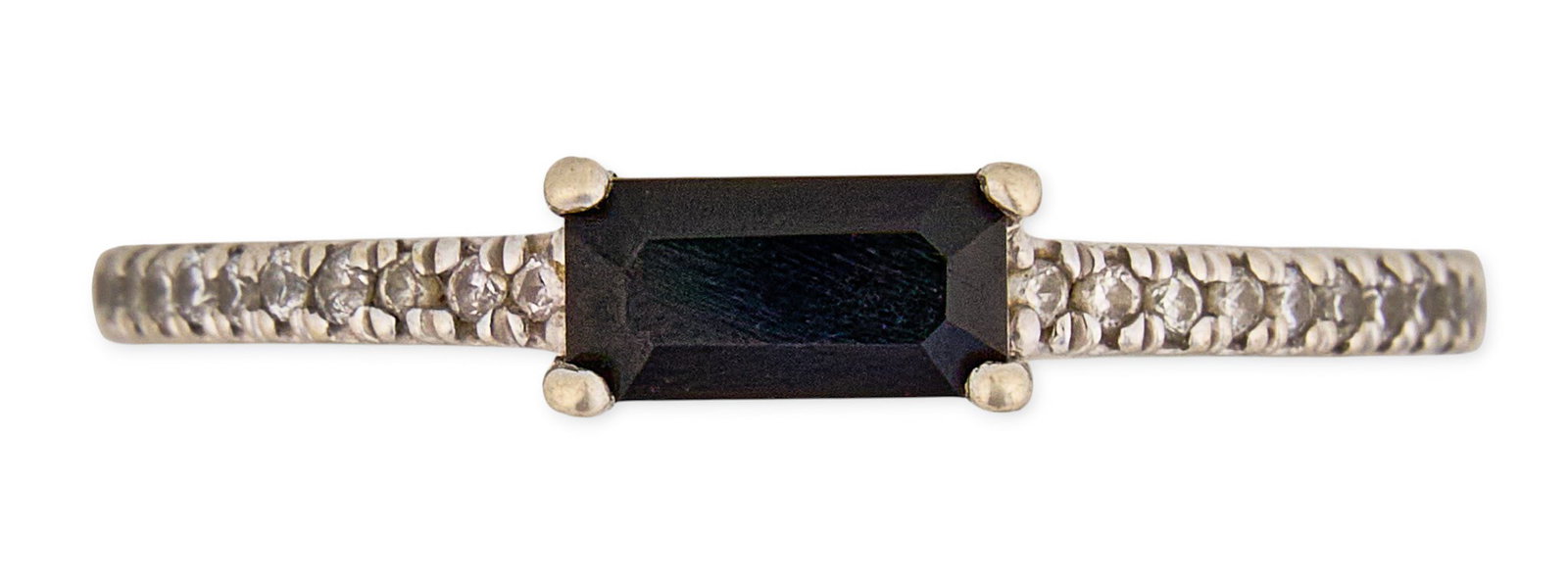14K Onyx & Diamond Ring: 14K white gold ring, set with single emerald cut onyx, featuring round diamond details to shank, marked "14K" Size: 6 Total weight: 1.4 g Provenance: Property from a home in San Antonio,