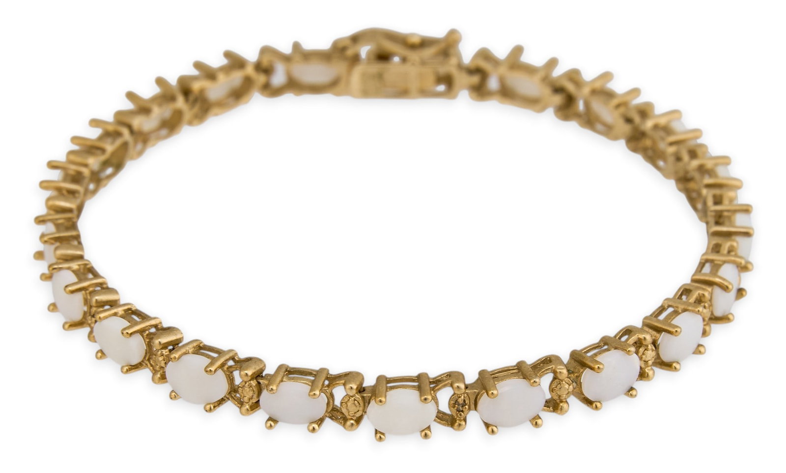 10K White Opal Bracelet: 10K yellow gold bracelet, set with white opal cabochons, marked Length: 7.25 in. Total weight: 7.8 g provenance: Property from a home in San Antonio, Texas