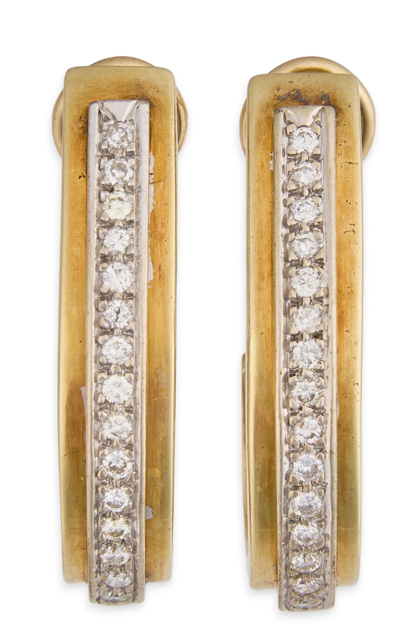14K Diamond Hoop Style Earrings: 14K (tested) two-tone hoop style earrings, set with round cut pave diamonds Total weight: 11.7 g Provenance: Property from an estate collection at a home in the Lincoln Heights neighborhood of