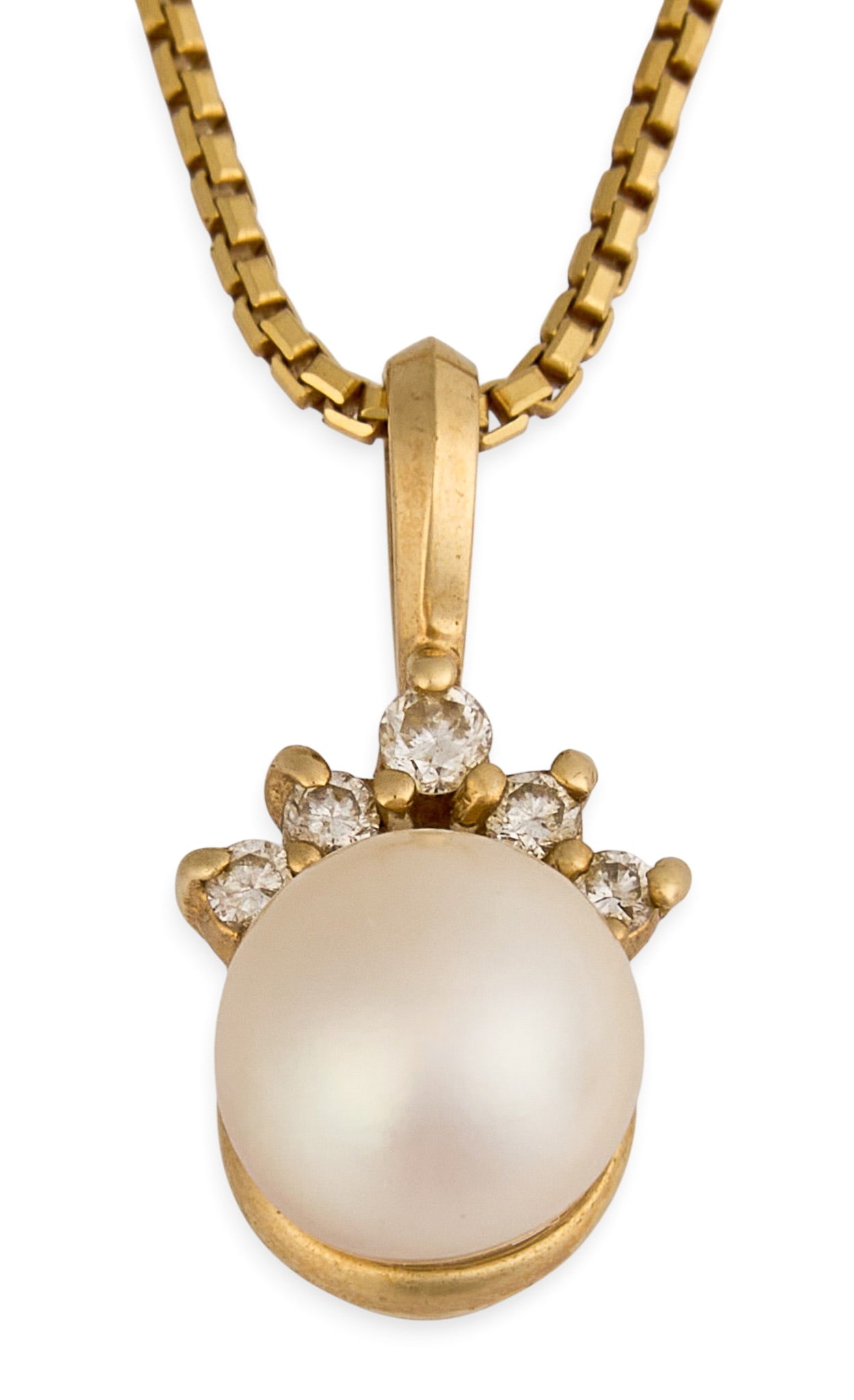 14K Diamond & Pearl Pendant Necklace: 14K yellow gold pendant necklace, pendant set with single round pearl, accented by five round diamonds, marked "14K" to clasp Length: 20 in. Total weight: 4.2 g Provenance: Property