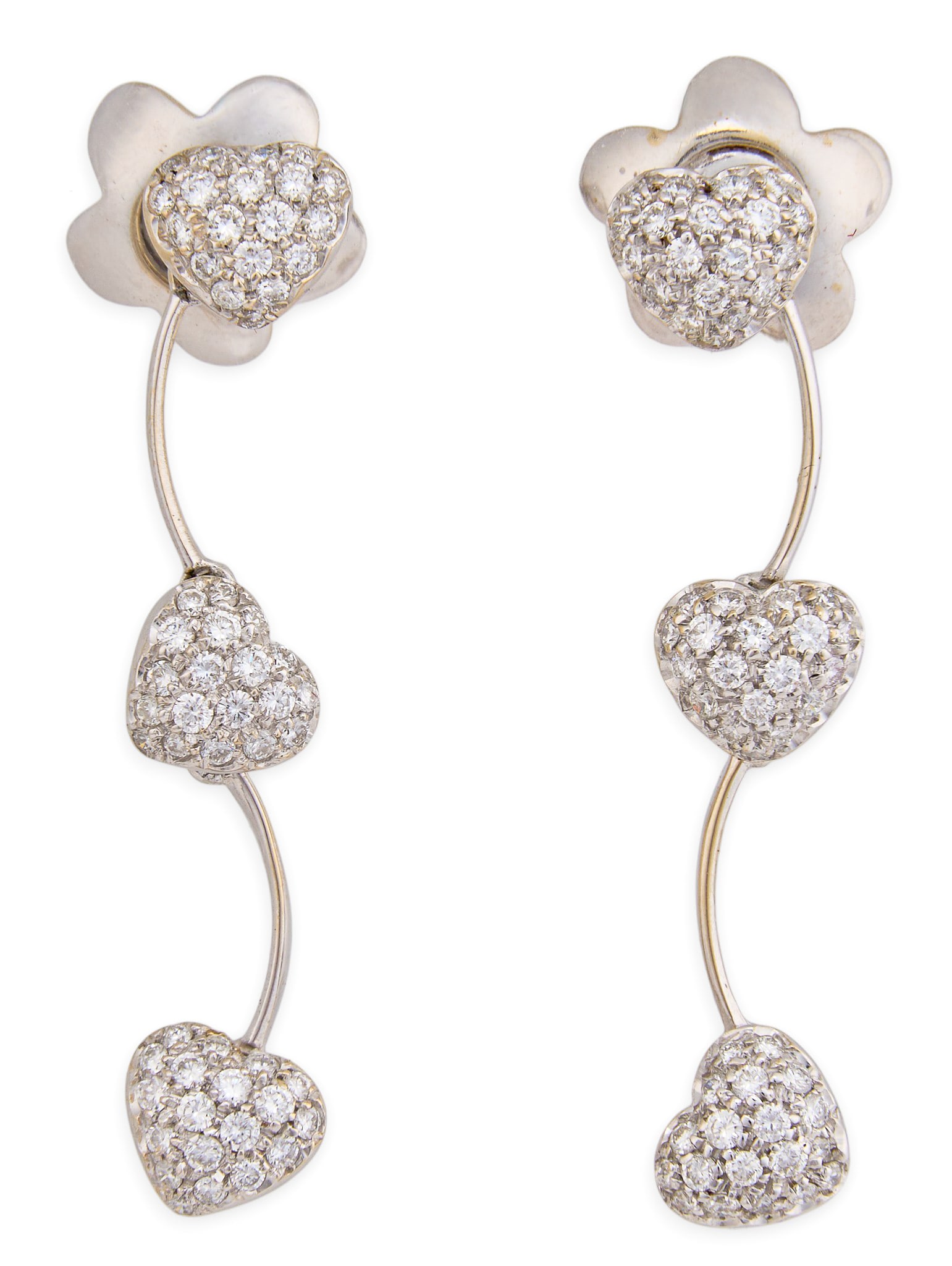 18K Diamond Heart Drop Earrings: Pair of 18K white gold heart drop earrings, each with three hearts featuring round diamonds in pave settings, marked "750" Length: 1.5 in. Total weight: 7.1 g Provenance: Property from a