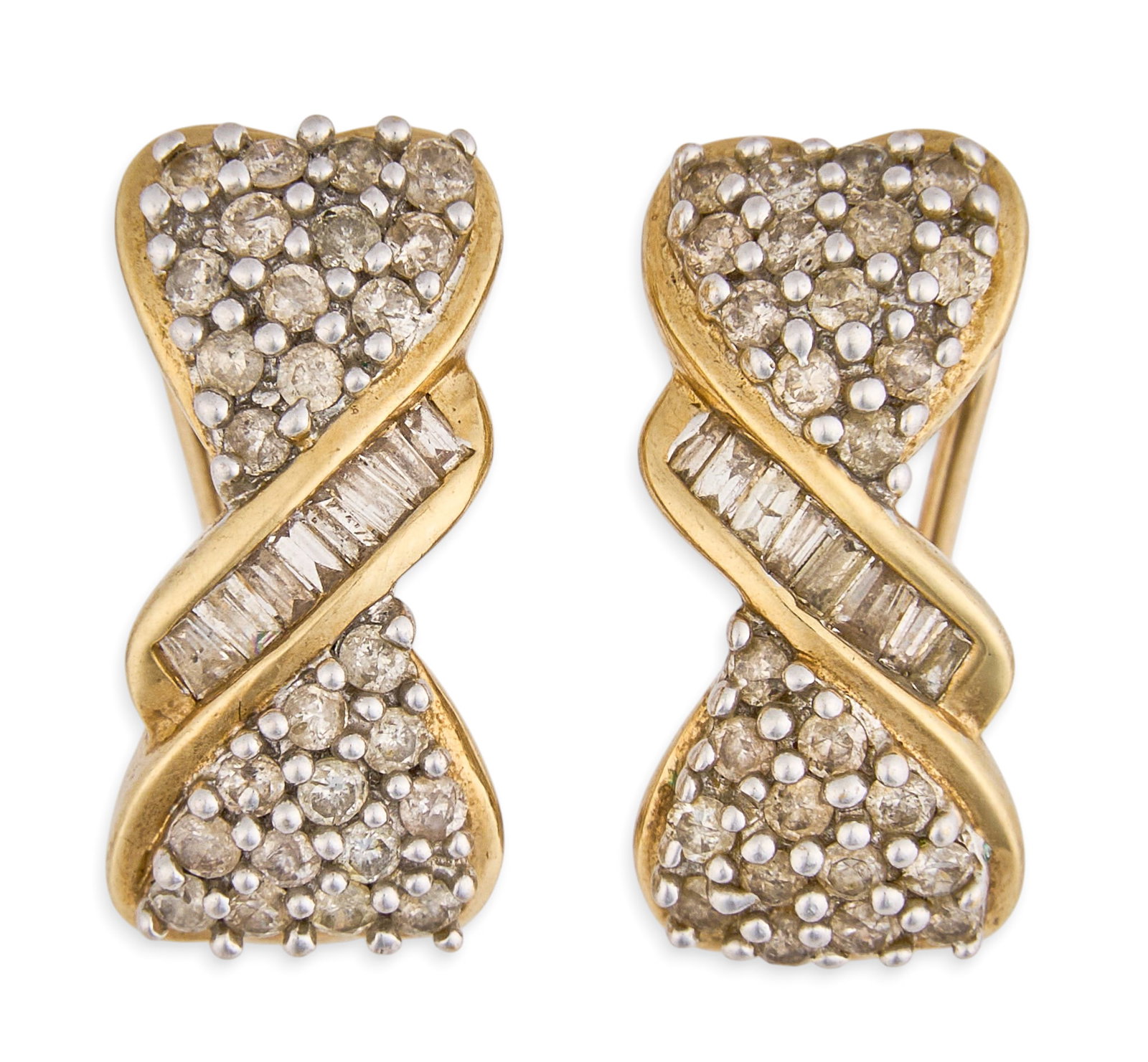 10K Diamond Heart Earrings: Pair of 10K yellow gold heart motif earrings, set with round and baguette cut diamonds, marked "10K" Total weight: 4.92 g Provenance: Property from an estate collection at a home in