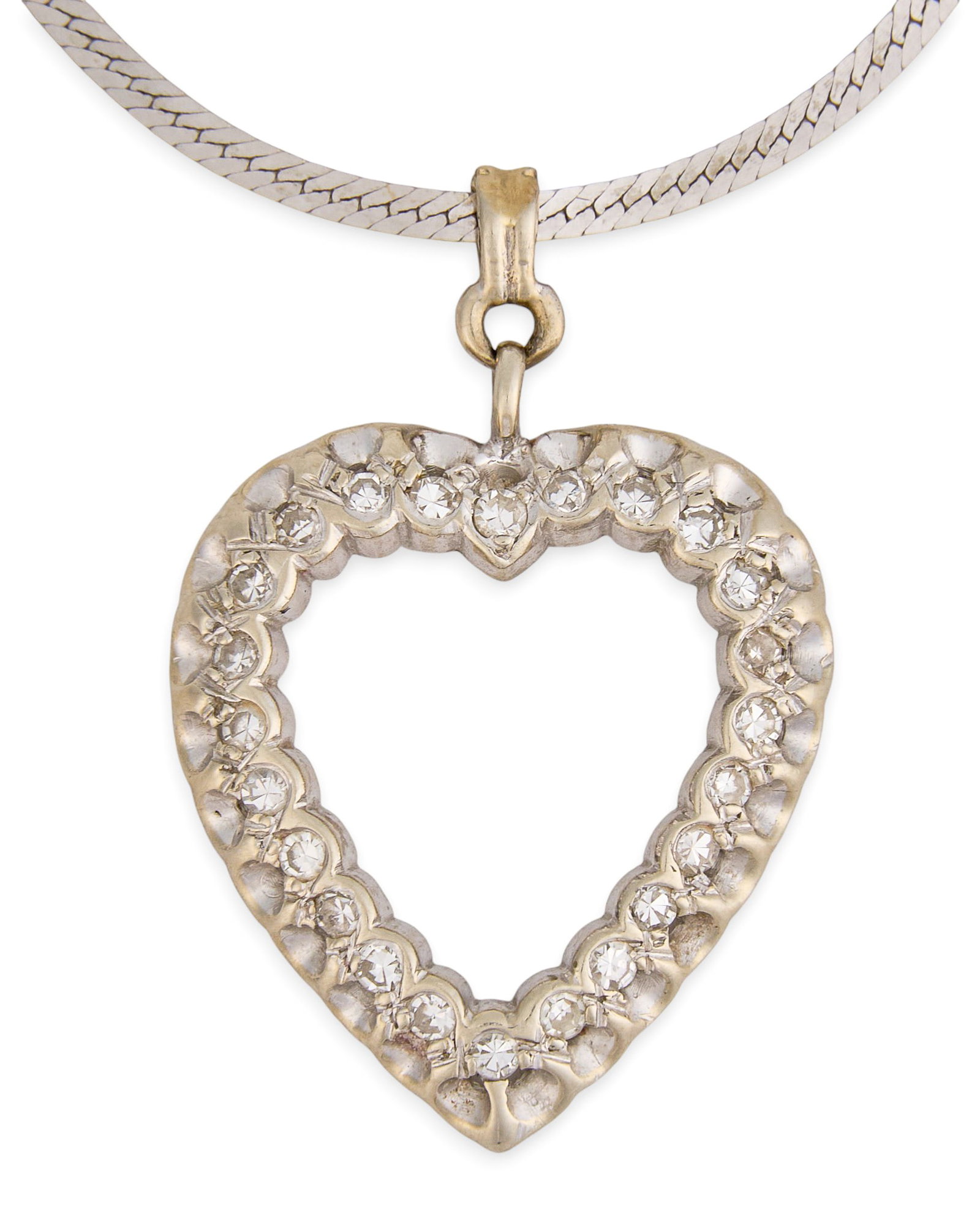 14K Diamond Heart Pendant Necklace: 14K white gold heart pendant necklace, pendant set with round cut diamonds, on herringbone chain, marked "14K Italy" to clasp Length: 22 in. Total weight: 5.071 g Provenance: Property