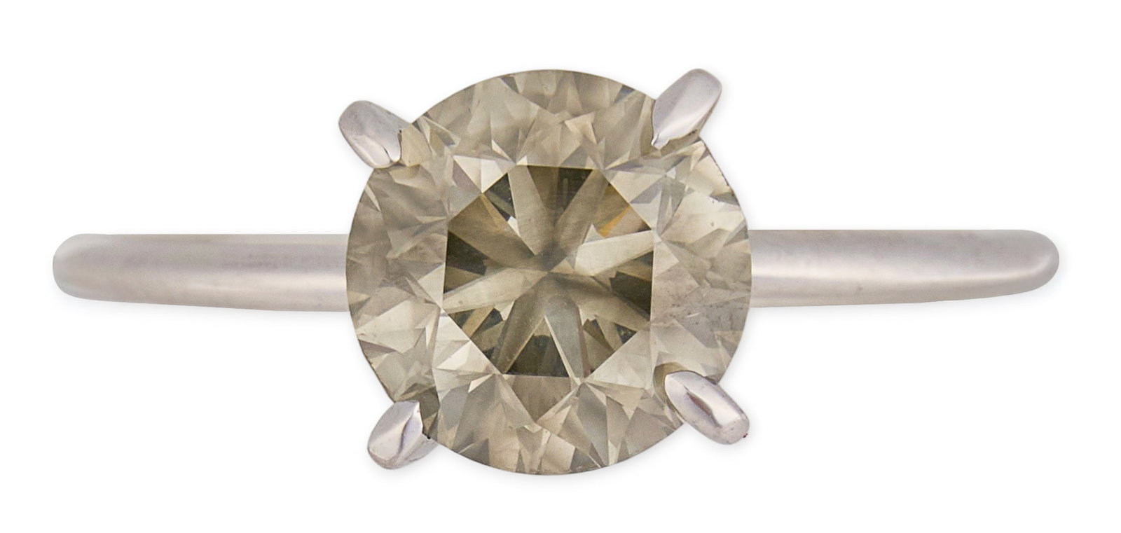14K Yellow Diamond Solitaire Ring: 14K white gold solitaire ring set with a round brilliant-cut diamond, approximately 1.8 ct, graded fancy light greyish yellow color and SI clarity by IGI (Report No. 334768126) Size: 6.25 Total w