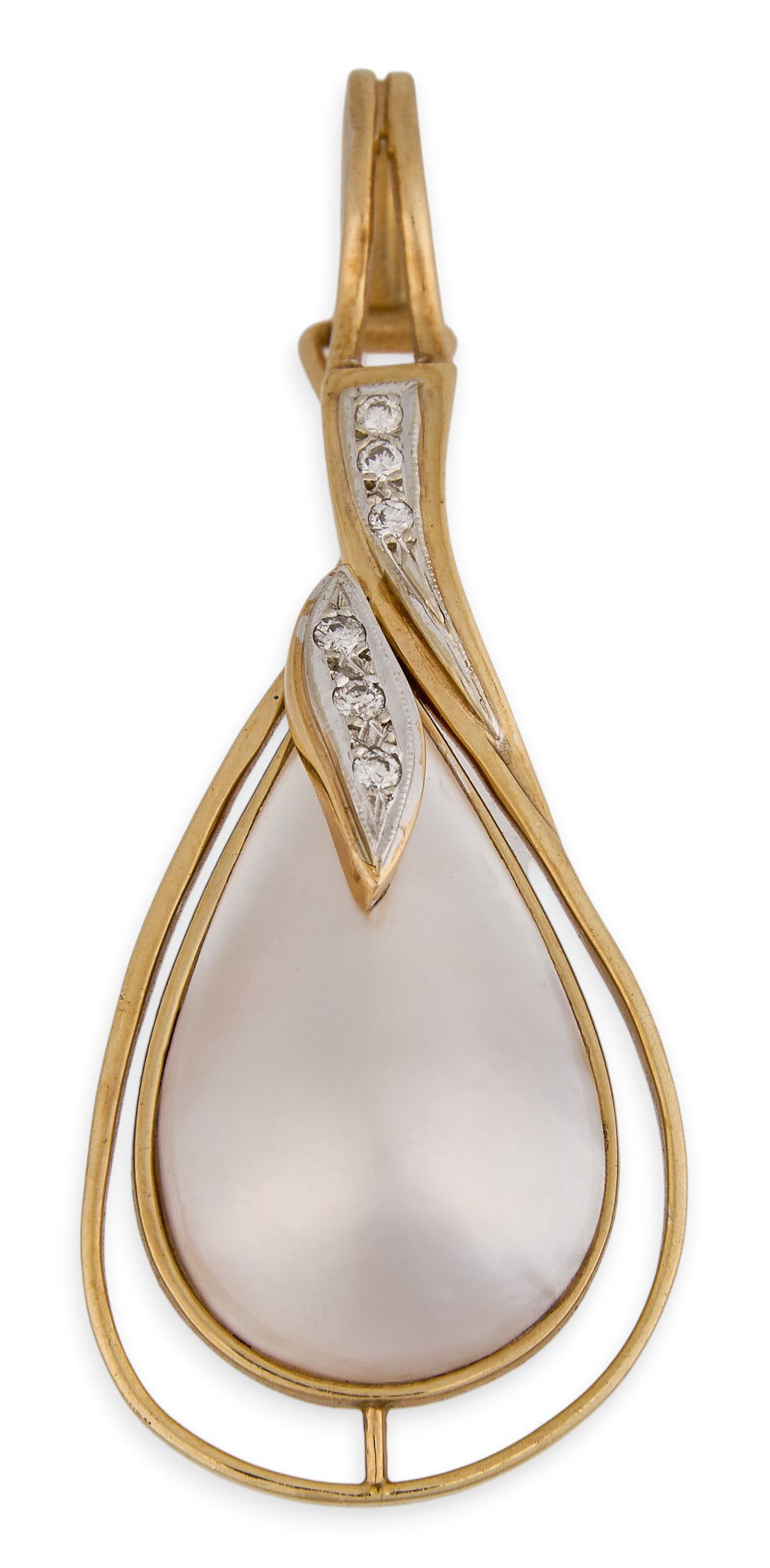 14K Diamond & Mother of Pearl Pendant: 14K yellow gold enhancer, set with six round cut diamonds and mother of pearl, marked "14K" Length: 2 in. Total weight: 7.1 g Provenance: Property from the personal collection of a