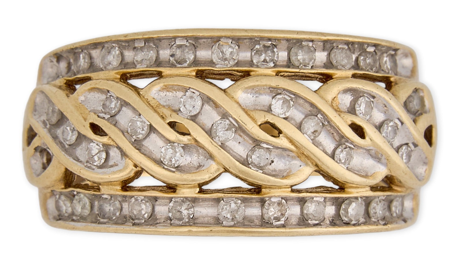 10K Diamond Ring: 10K yellow gold ring, set with round diamonds in twist design setting, marked "10K" Size: 8 Total weight: 6.34 g Provenance: Property from an estate collection at a home in the Lincoln