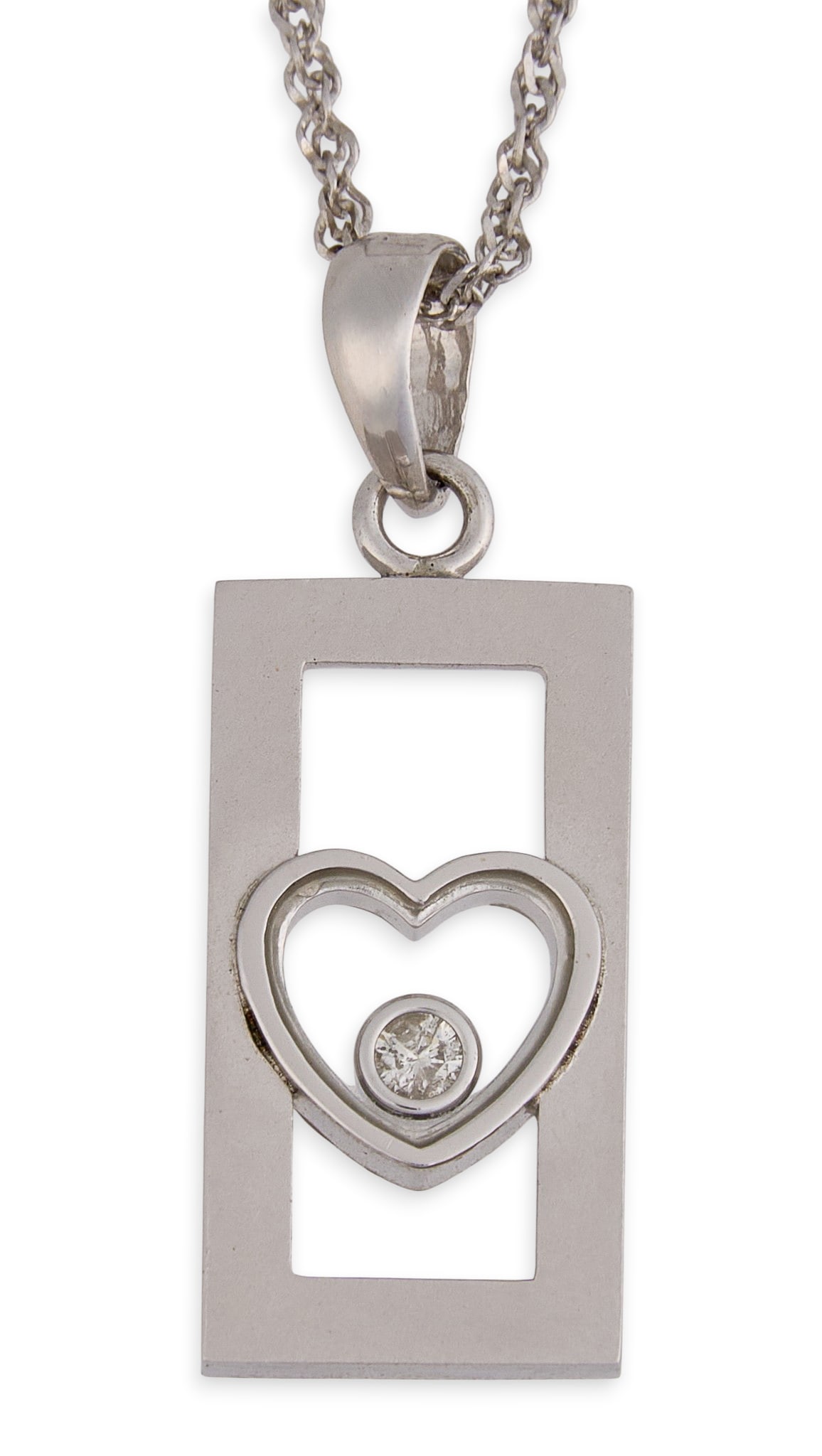 14K Floating Diamond Heart Pendant Necklace: 14K white gold pendant necklace, pendant set with floating bezel-set diamond in heart motif, marked "14K" to pendant and clasp Length: 17 in. Total weight: 3.2 g Provenance: Property