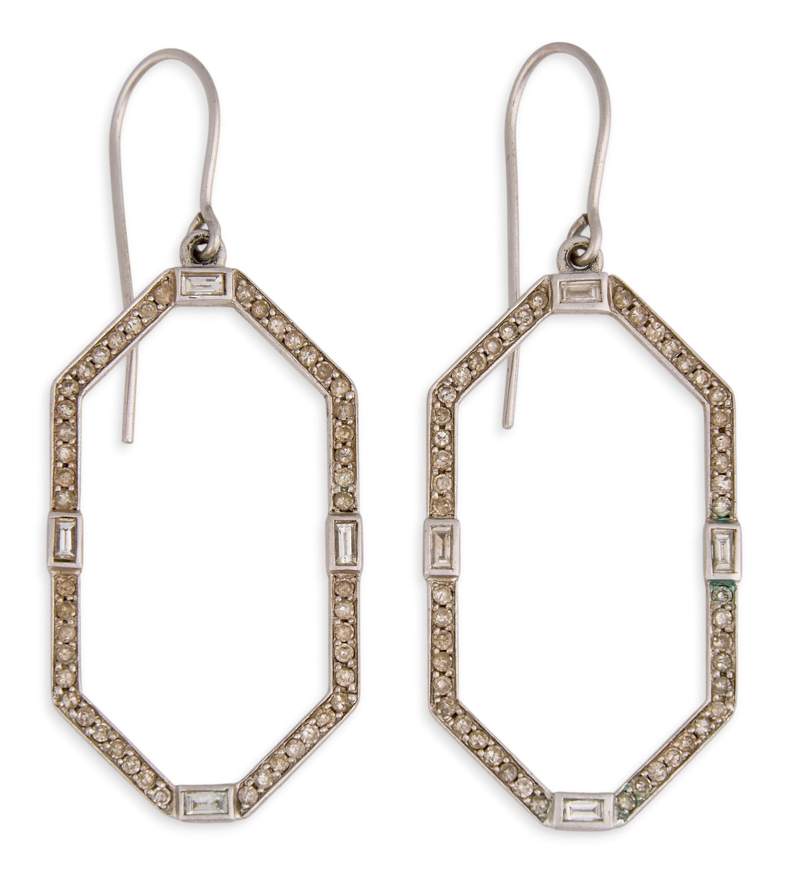 Platinum Diamond Drop Earrings: Pair of platinum (tested) drop earrings, set with round and baguette cut diamonds in channel settings, marked "LizaBeth" Size: 1 3/8 in. length Total weight: 4.6 g Provenance: Property