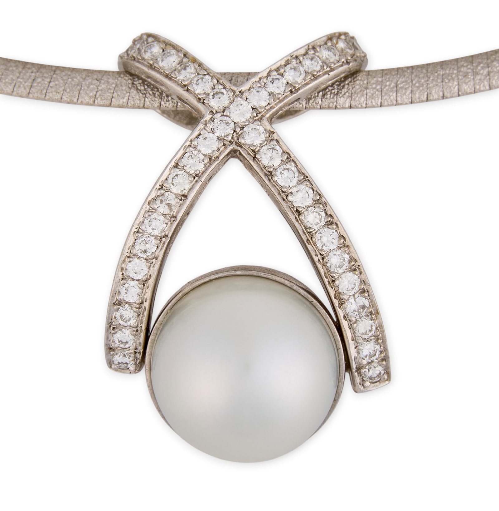 14K Mabe Pearl & Diamond Omega Necklace: 14K white gold omega necklace, pendant set with large mabe pearl and round diamonds in pave setting, marked "14K Italy" to clasp Length: 16.5 in. Total weight: 26.36 g