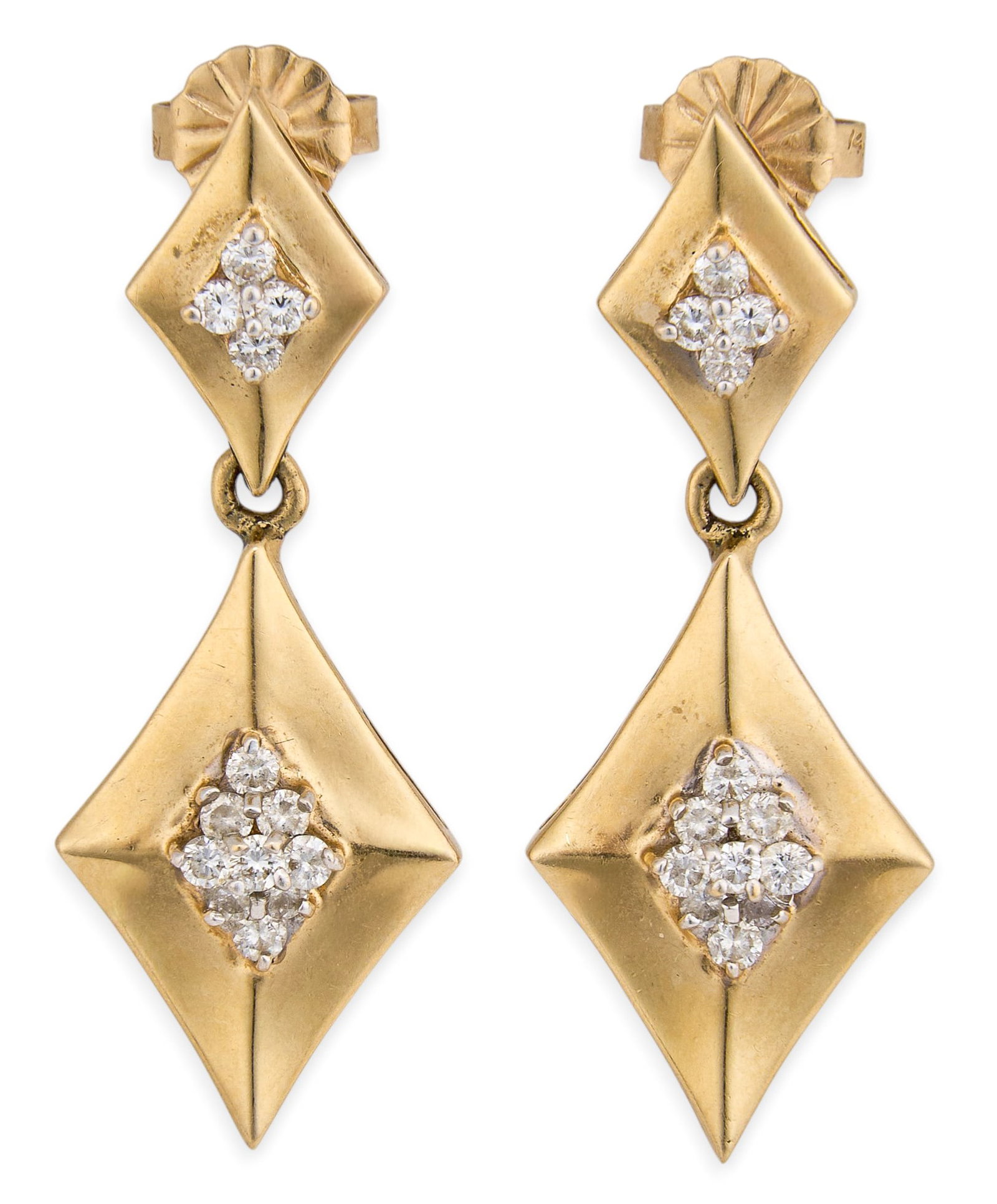 14K Diamond Dangle Earring: Pair of 14K yellow gold dangle earrings, set with round diamonds in cluster design, marked "14K" Length: 1.25 in. Total weight: 6.14 g Provenance: Property from an estate collection at 