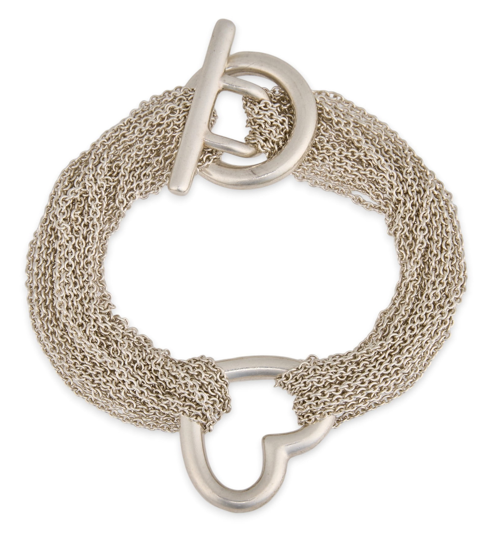 Tiffany & Co. Sterling Silver Heart Toggle Bracelet: Tiffany & Co. sterling silver multi-strand bracelet, with heart charm, and toggle closure, marked "Tiffany & Co. 925" Length: 7 in. Total weight: 1.05 ozt Provenance: Property from