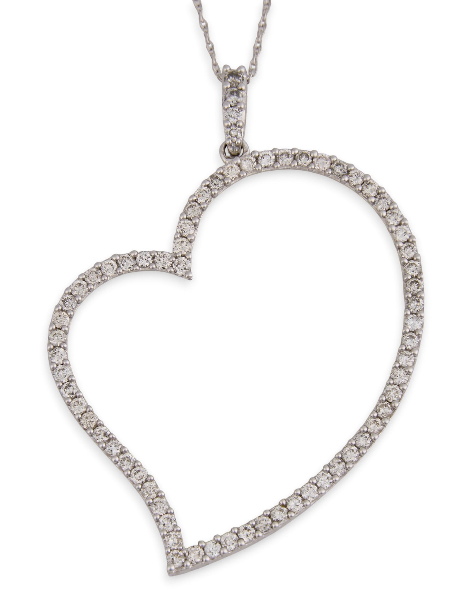 14K Diamond Heart Pendant Necklace: 14K white gold heart pendant necklace, pendant set with round cut diamonds, marked "14K" to bail and clasp Length: 18 in. Total weight: 3.3 g Provenance: Property from a home in San