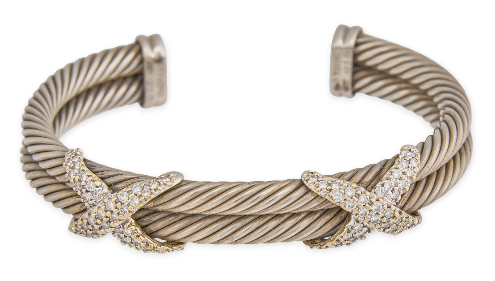 David Yurman 18K/Sterling Diamond Double Cable "X" Cuff: David Yurman sterling silver and 18K gold double cable "X" cuff bracelet, with twisted wire design, set with pave diamonds in "X" motif settings, marked "D YURMAN 925 750