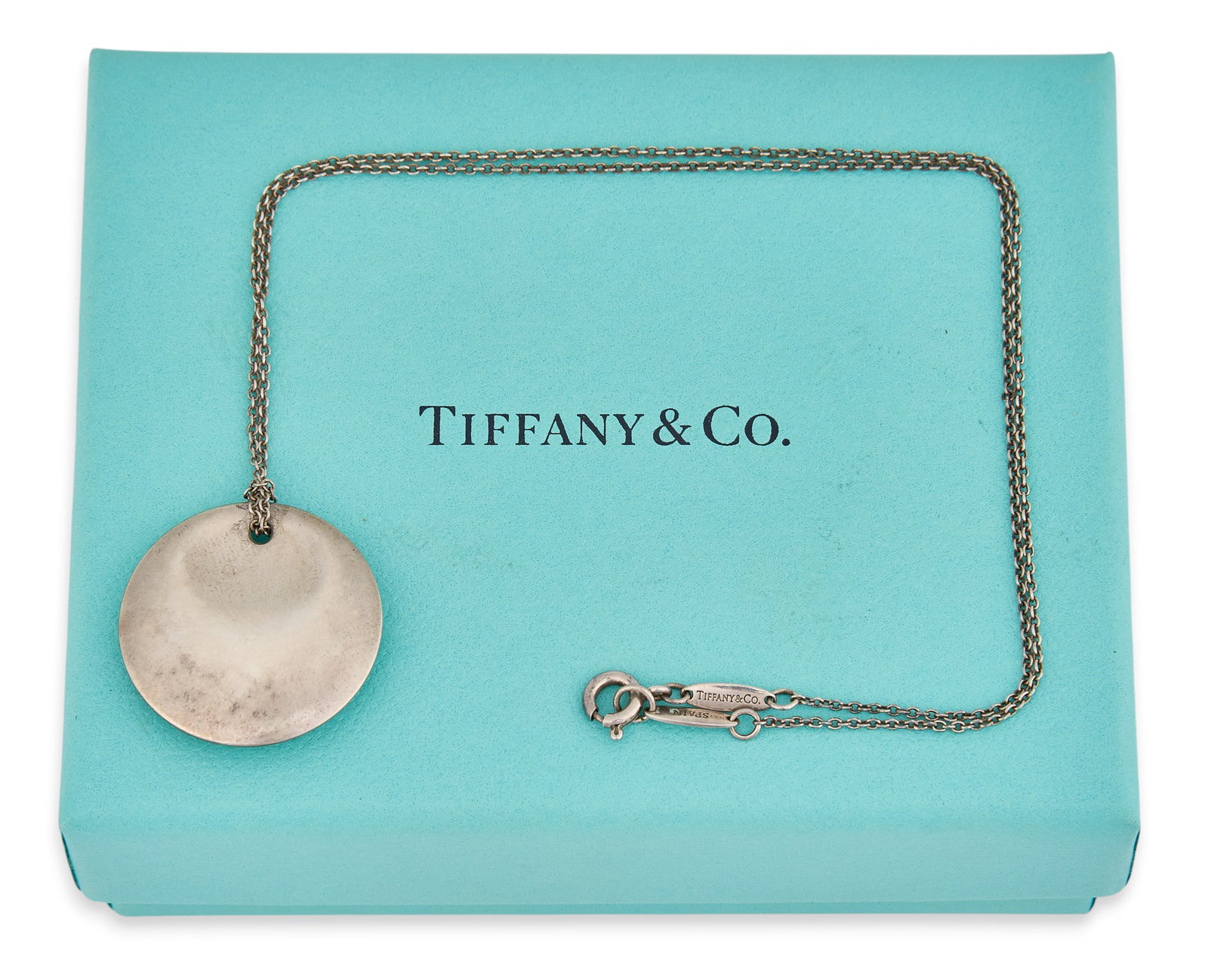 Tiffany & Co. Sterling Silver Pendant Necklace: Tiffany & Co. Elsa Peretti sterling silver round pendant necklace, pendant and chain both marked "Tiffany & Co. Elsa Peretti 925 Spain" Length: 15 in. Total weight: 0.425 ozt