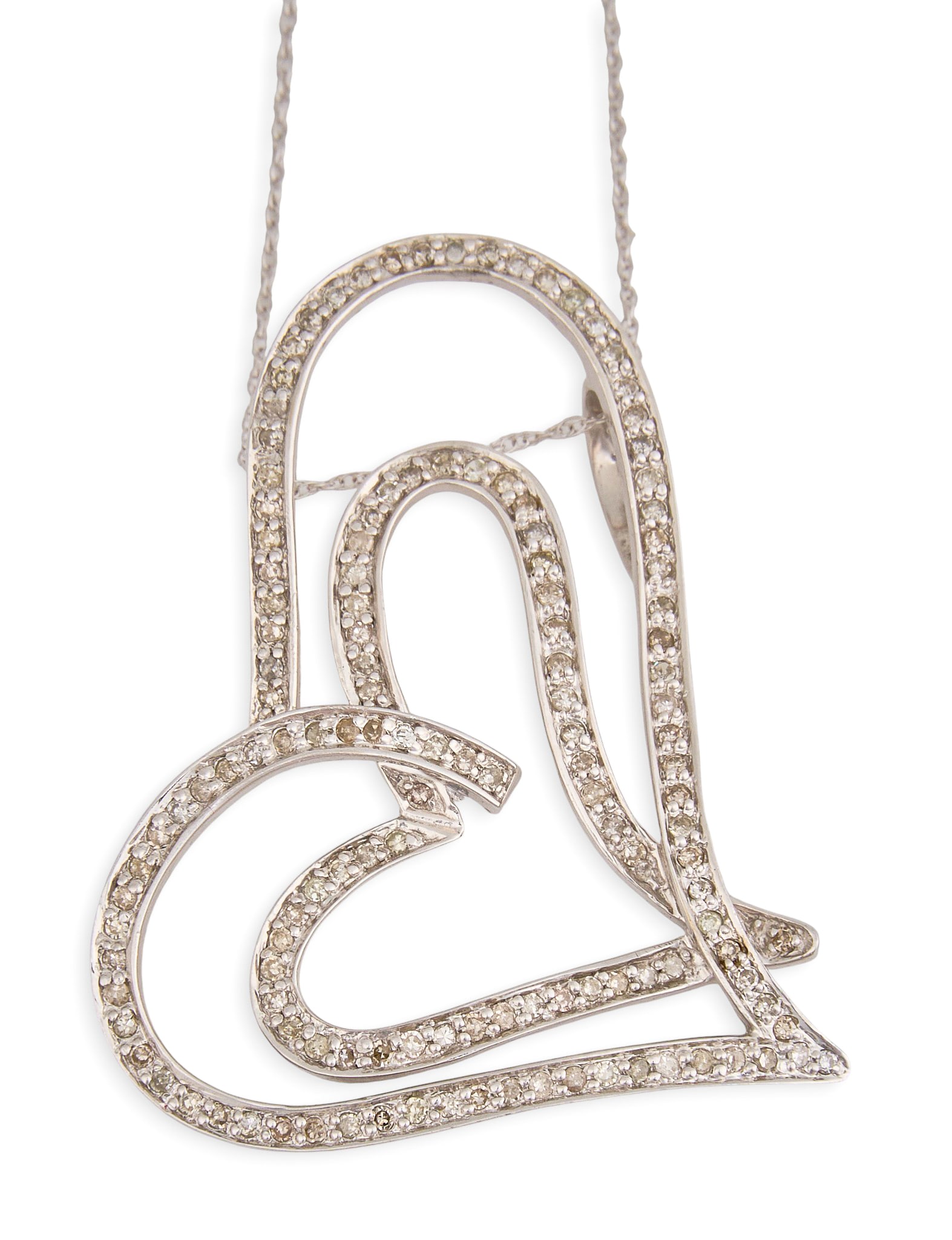 14K Diamond Double Heart Pendant Necklace: 14K white gold double heart pendant necklace, pendant set with round diamonds, marked "14K" to pendant and clasp Length: 18 in. Total weight: 5.4 g Provenance: Property from a home in