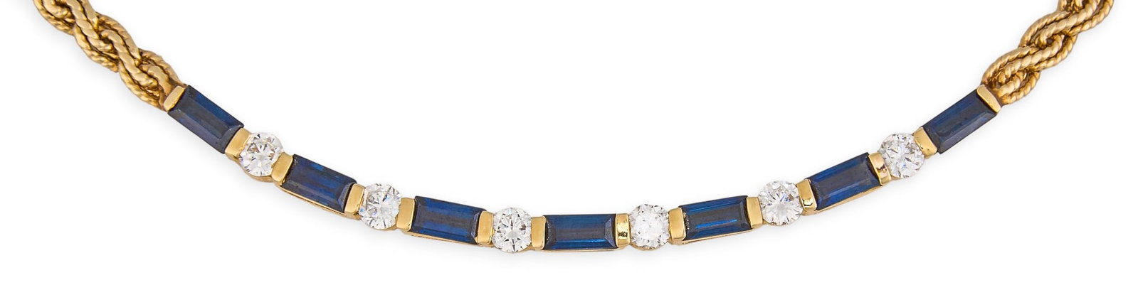 14K Diamond & Sapphire Necklace: 14K yellow gold necklace, set with alternating baguette cut blue sapphires and round brilliant cut diamonds, on twisted rope chain, marked "14K" to clasp Length: 16.5 in. Total