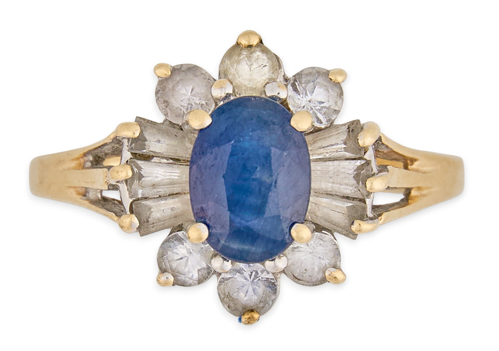 14K Sapphire & Diamond Ring: 14K yellow gold ring, set with oval cut sapphire center stone, accented by round and baguette cut diamonds in halo setting, marked "14K" Size: 6 Total weight: 3.0 g Provenance: