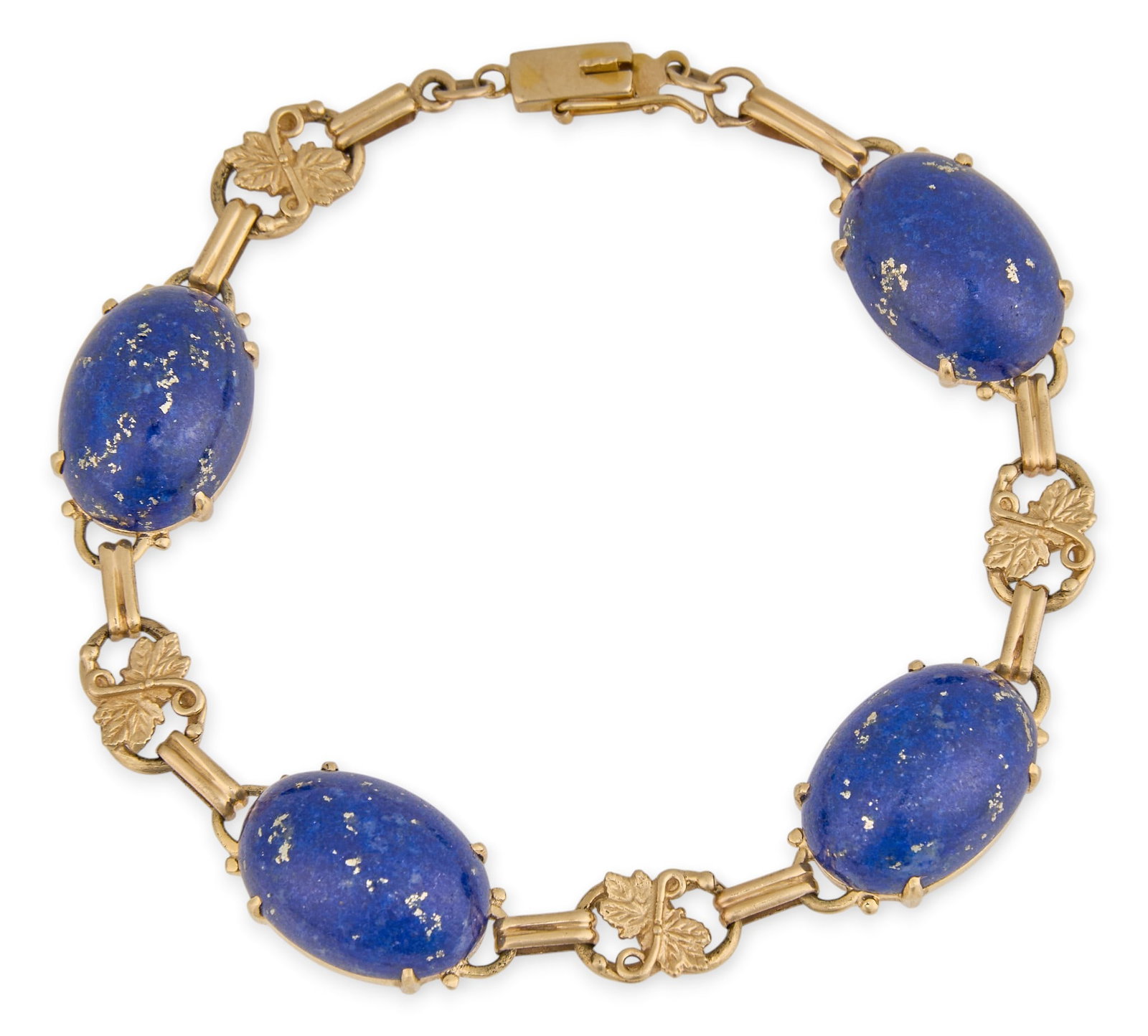14K Lapis Bracelet: 14K yellow gold bracelet, set with blue lapis cabochons, featuring foliate motifs, marked "14K" Length: 8 in. Total weight: 21.0 g