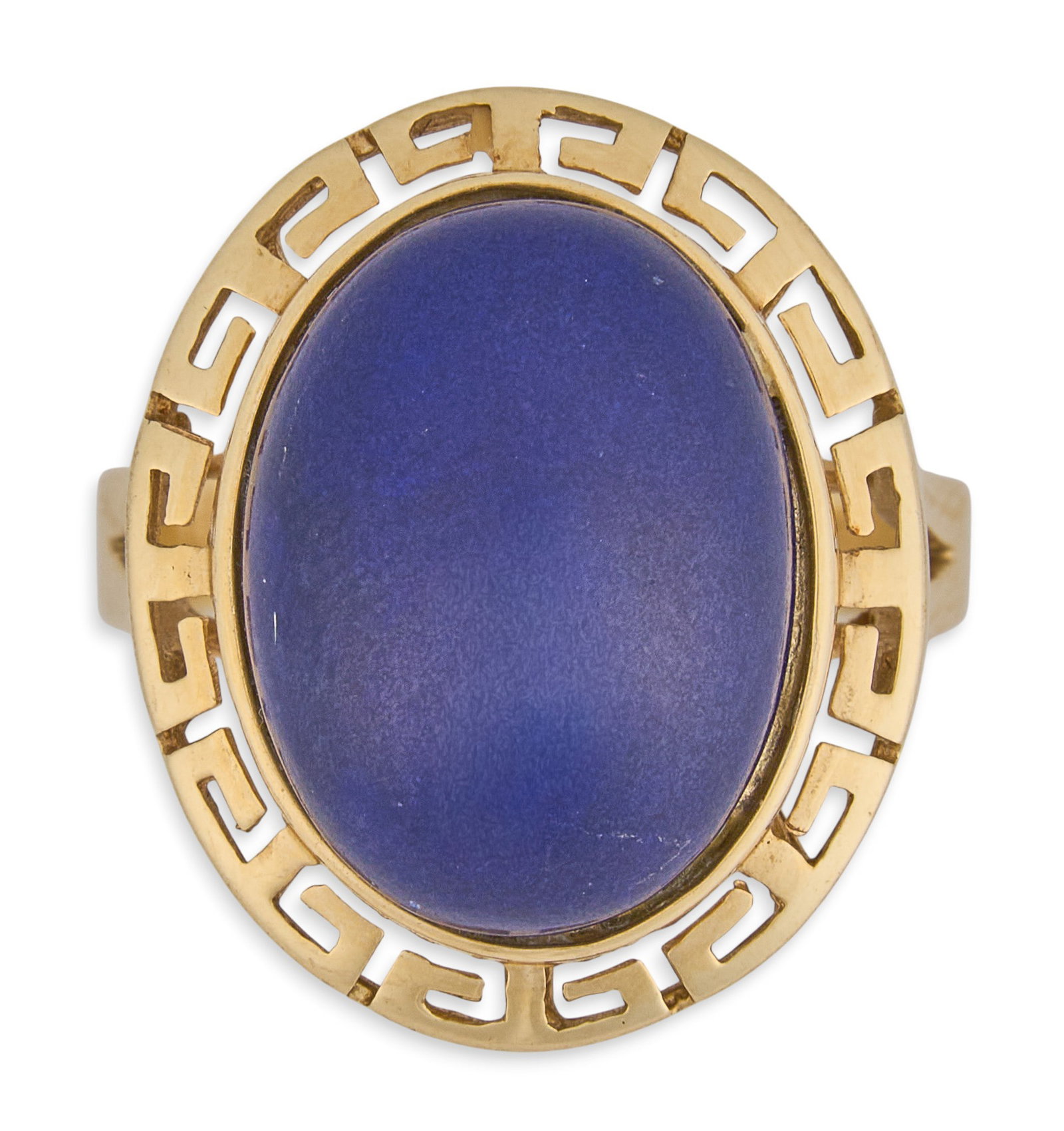 14K Lapis Cocktail Ring: 14K yellow gold cocktail ring, set with large lapis cabochon, marked "14K 585" Size: 7 Total weight: 4.8 g Provenance: Property from an estate collection at a home in the Lincoln