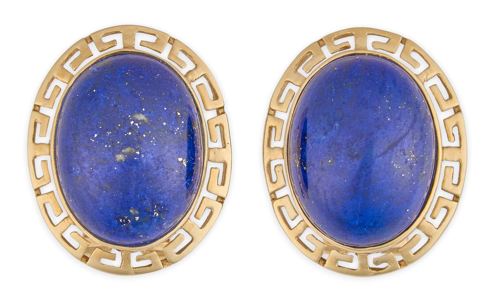 14K Lapis Earrings: 14K yellow gold earrings, set with lapis cabochons in pierced settings, marked "14K" to posts Size: 7/8 in. x 5/8 in. / each Total weight: 7.45 g Provenance: Property from an estate