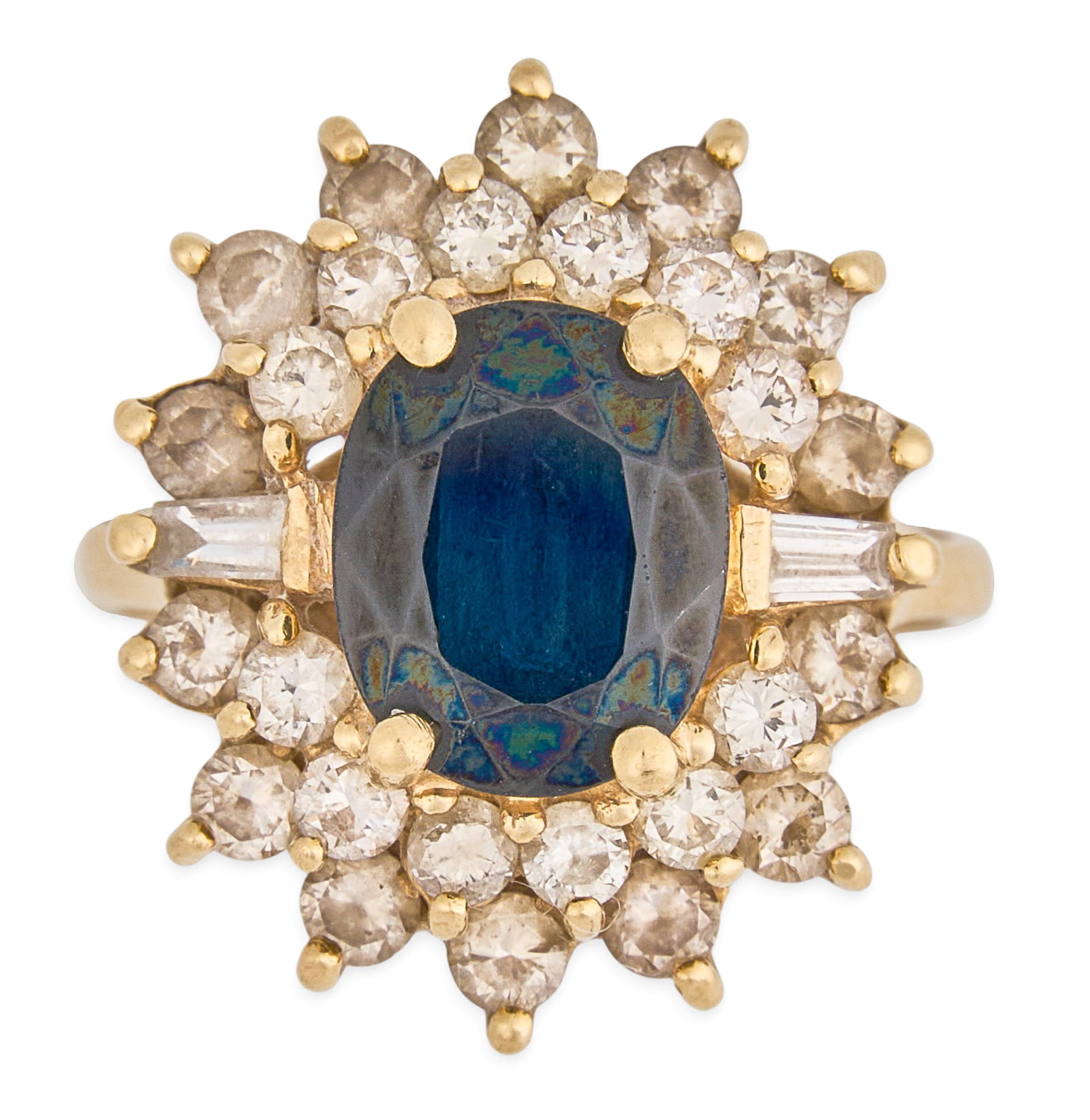 14K Sapphire & Diamond Ring: 14K yellow gold ring, set with oval cut sapphire center stone, accented by round and baguette cut diamonds in halo design, marked "14K" Size: 6 Total weight: 6.5 g Provenance: Property