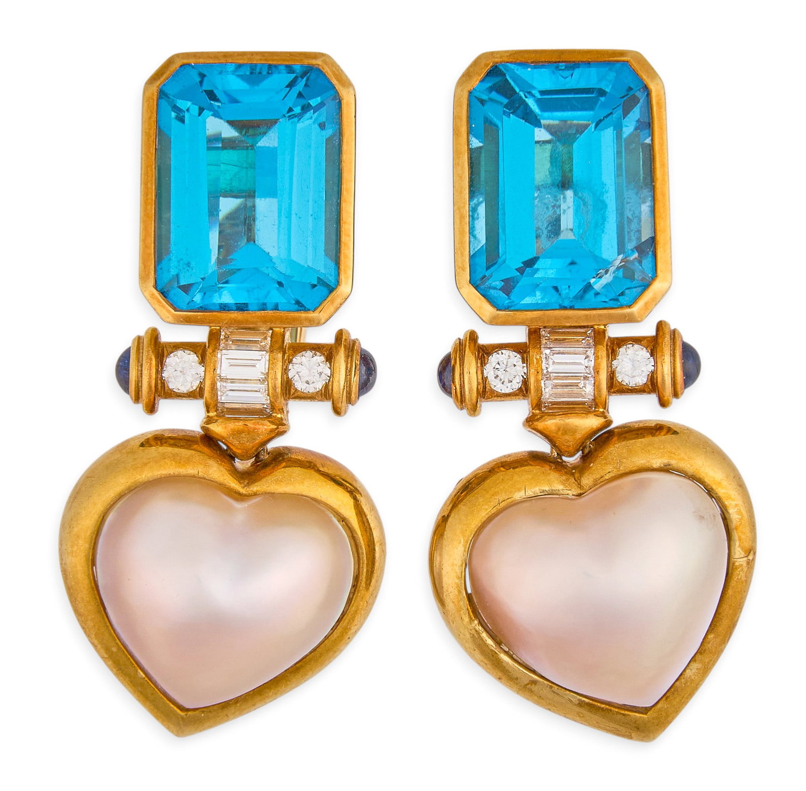 18K Blue Topaz, Diamond, and Mother of Pearl Drop Earrings: Pair of 18K yellow gold drop earrings, set with emerald cut blue topaz, above round and baguette cut diamonds, and heart shaped mabe pearl, marked "Salavetti 18K" Length: 1.5 in. Total