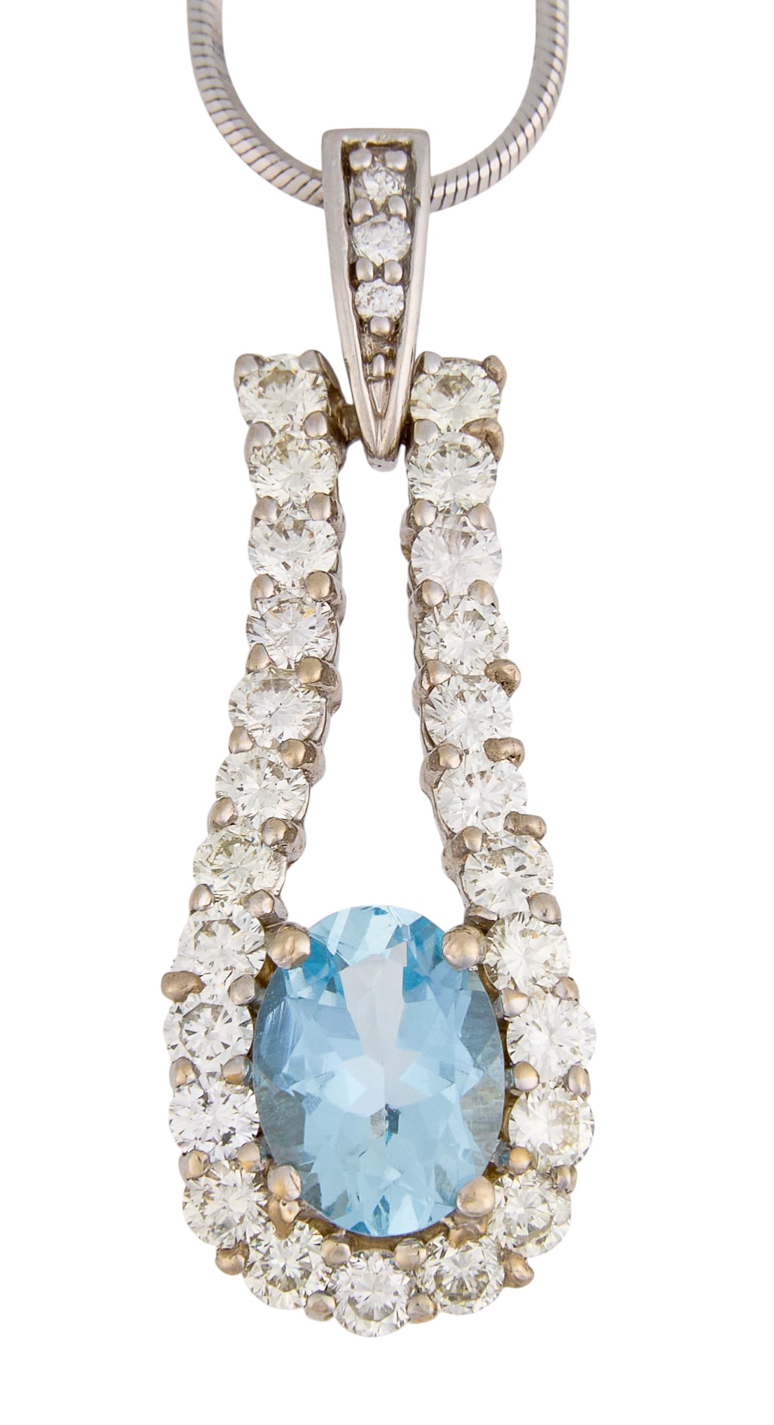 14K Diamond & Aquamarine Pendant Necklace: 14K white gold pendant necklace, pendant set with oval cut aquamarine, accented by round diamond details, on snake chain, marked "14K" to clasp Length: 24 in. Total weight: 6.9 g