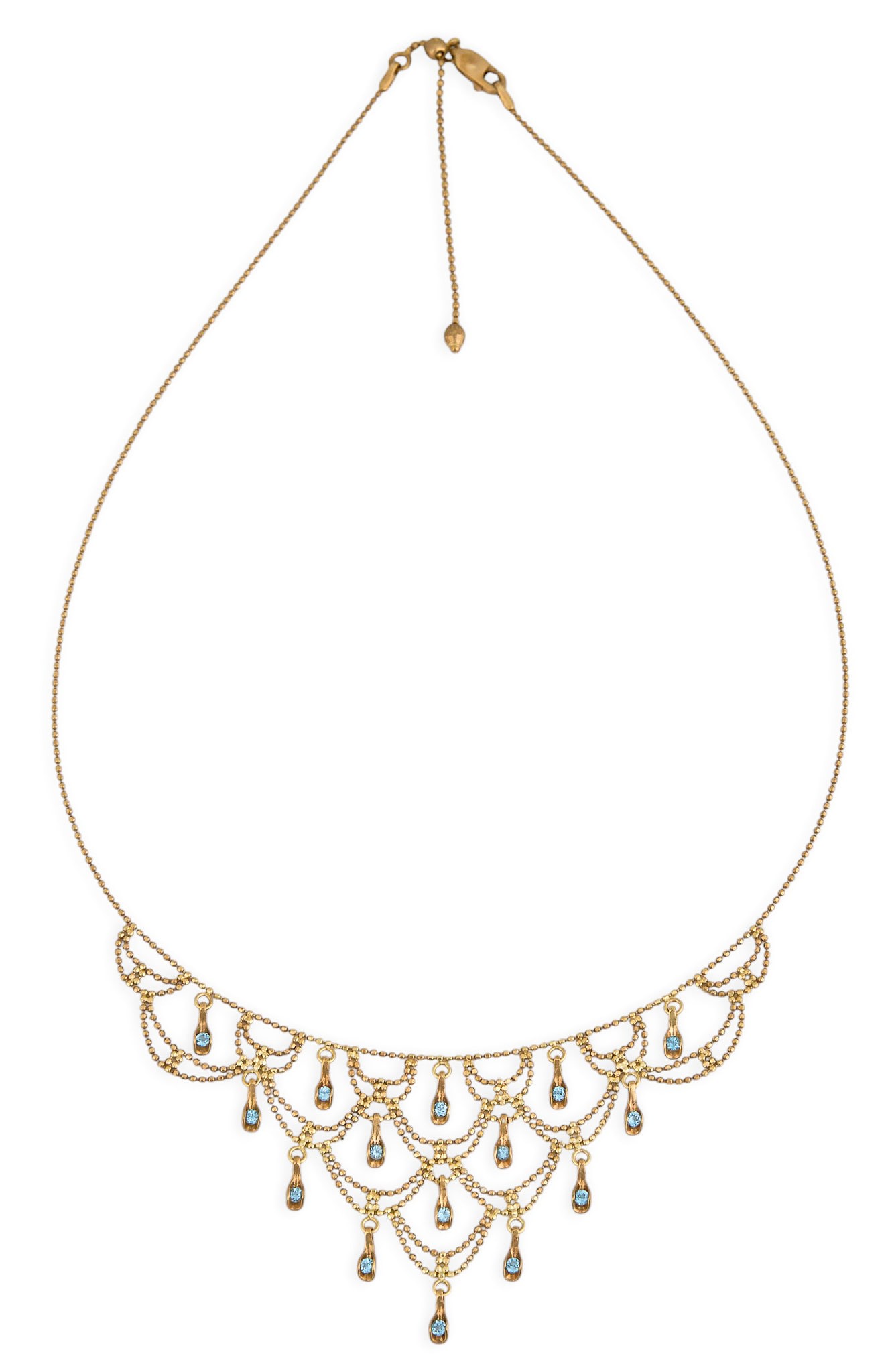 14K Bib Style Aquamarine Necklace: 14K yellow gold bib style necklace, set with fifteen round cut aquamarine stones, marked "585 14K" Length: 16 in. Total weight: 6.7 g Provenance: Property from a home in San Antonio, Texas