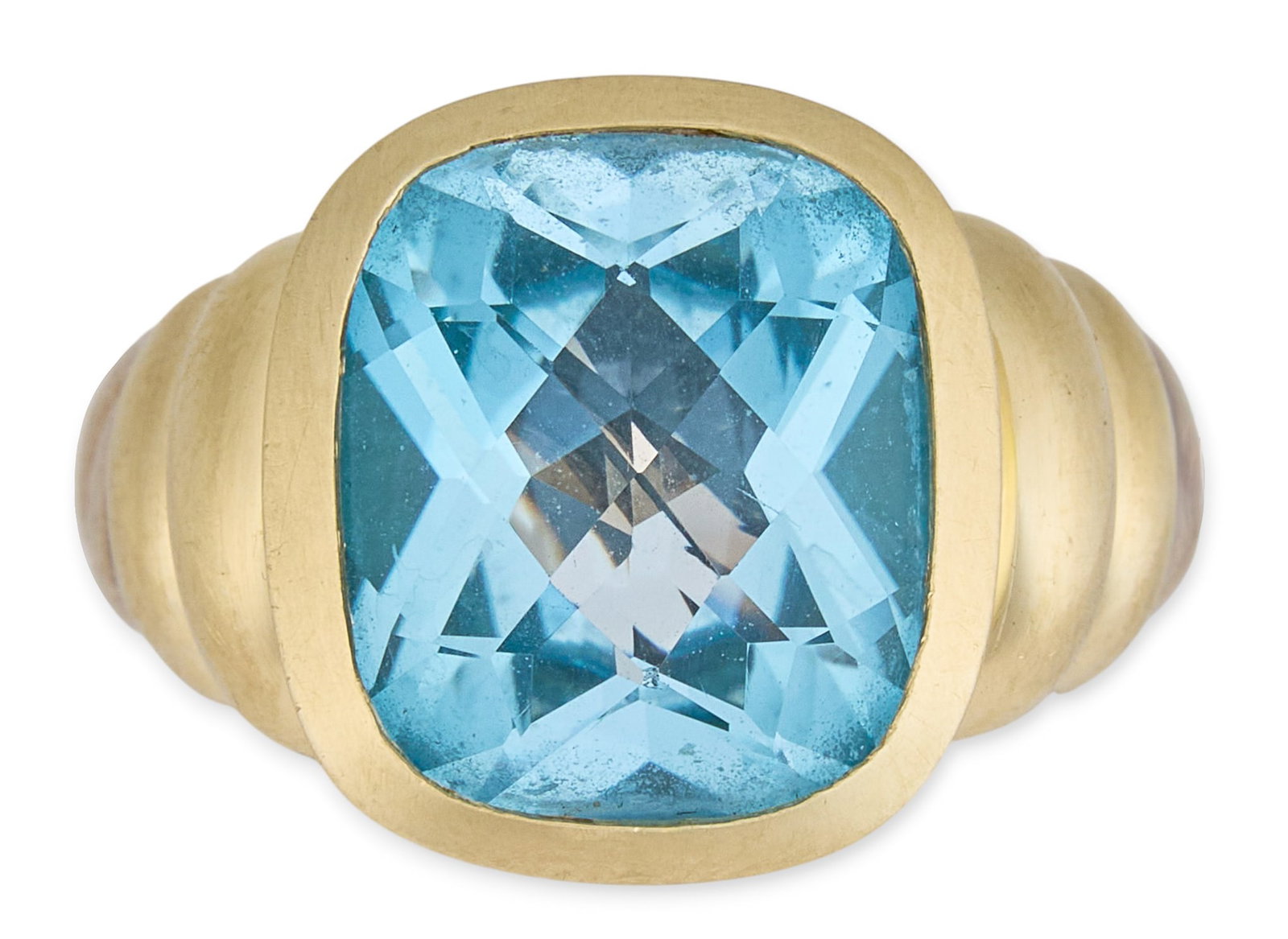 David Yurman 14K/Sterling Blue Topaz Ring: David Yurman sterling silver twist form ring, set with single blue topaz stone in 14K yellow gold setting, marked "D.Y. 585" and "925" Size: 6.25 Total weight: 13.6 g