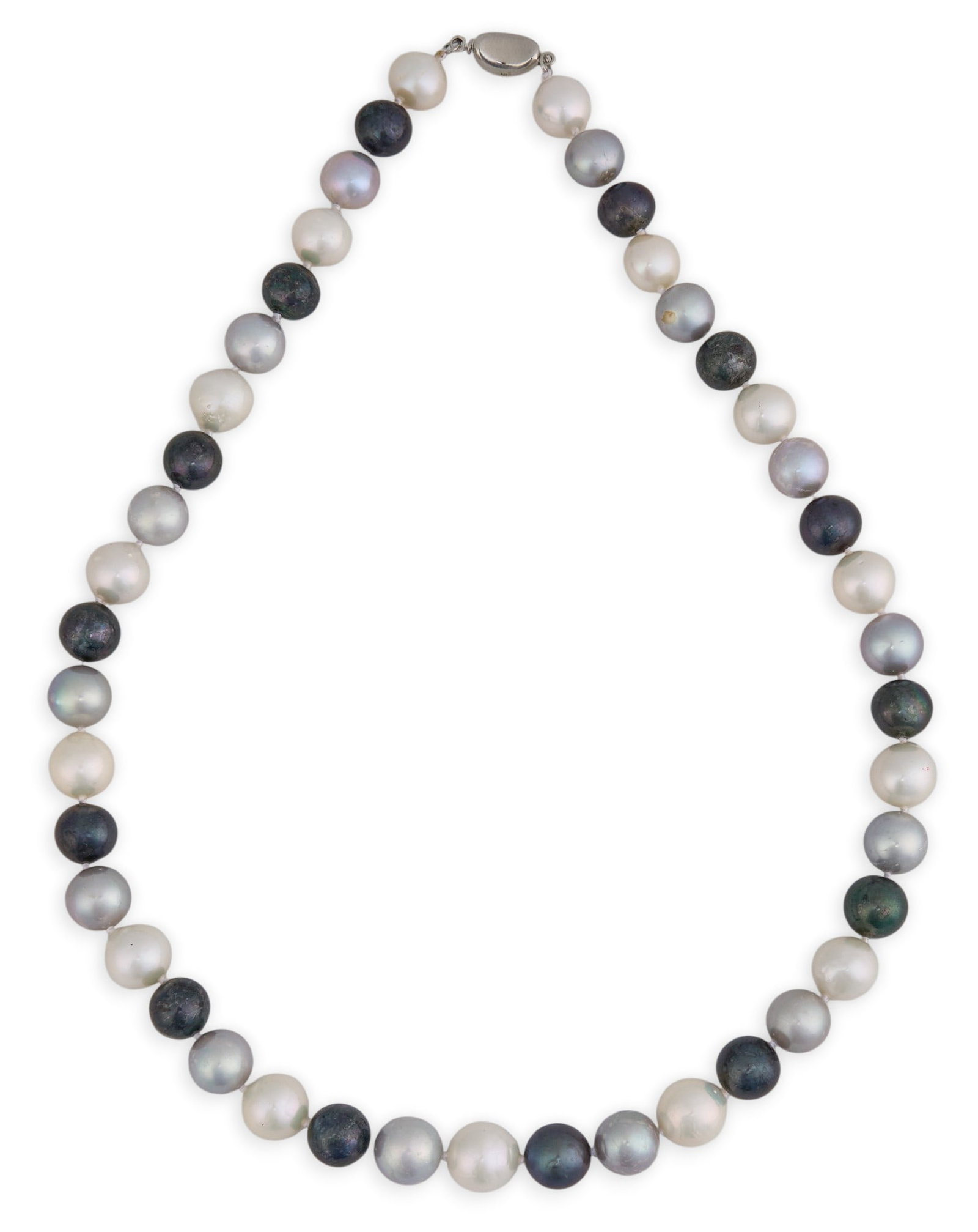 Multicolor Cultured Pearl Necklace: Single-strand cultured pearl necklace, approximately 10–11 mm, displaying silver, gray, and white tones, with sterling silver clasp Length: 18 in. Total weight: 58.3 g Provenance: