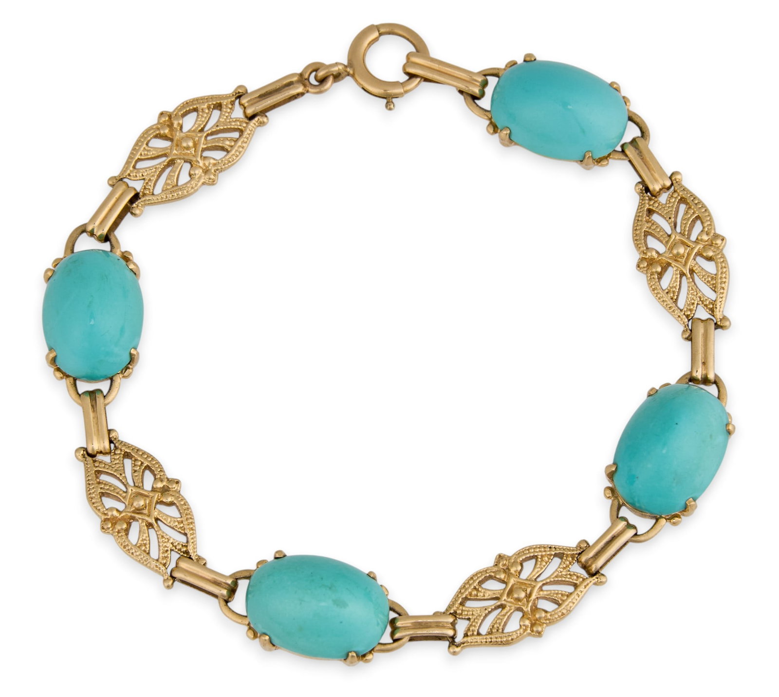 14K Turquoise Bracelet: 14K yellow gold bracelet, set with four turquoise cabochons, and pierced details to chain, marked "14K" to clasp Length: 7.5 in. Total weight: 16.9 g Provenance: Property from an estate