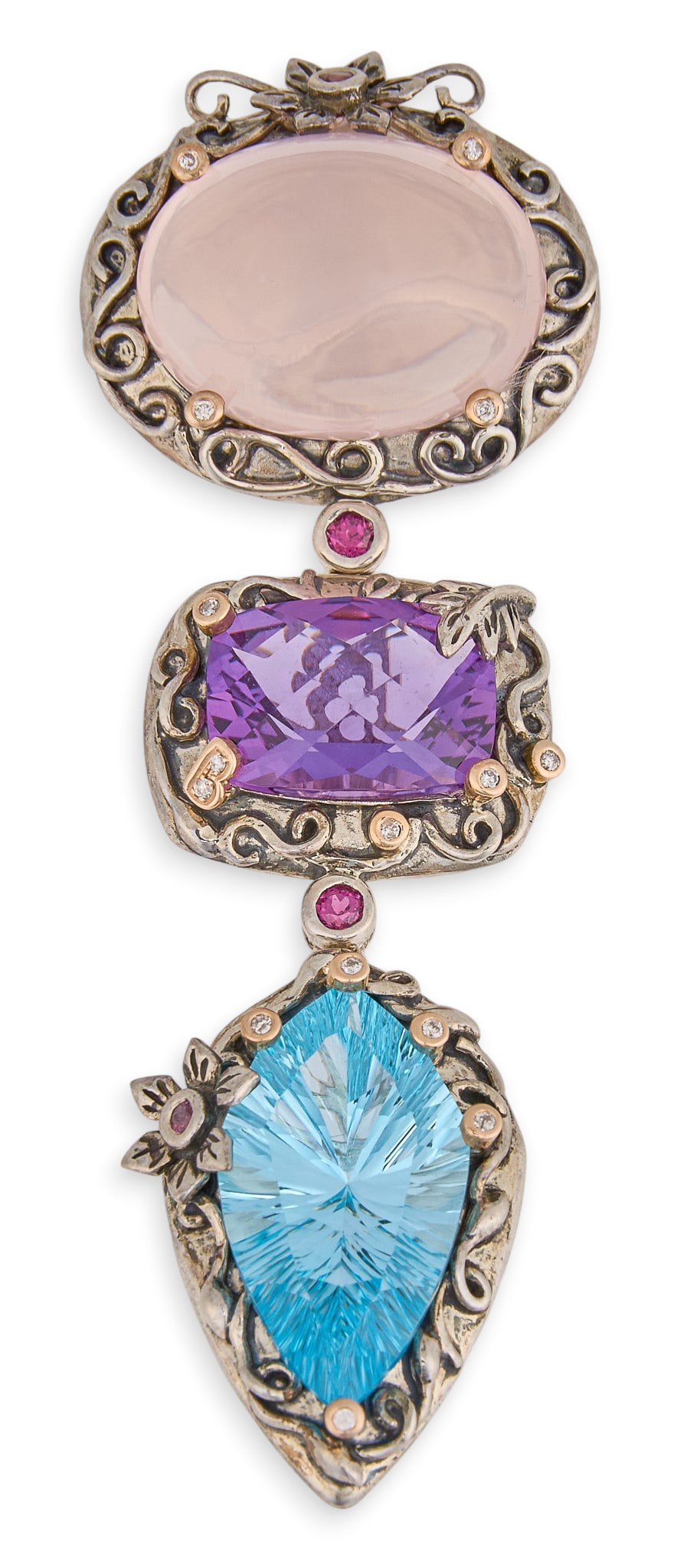 Bellarri 18K/Sterling Multi-Stone Pendant: Bellarri sterling silver drop pendant, set with 21.3 ct rose quartz cabochon, 6.35 ct amethyst, and 12.6 ct blue topaz, featuring round diamond and garnet details, in 18K rose gold settings, marked