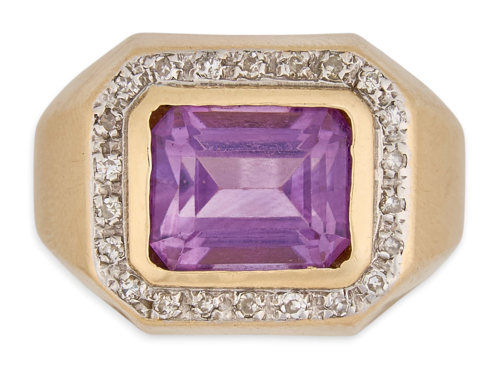 14K Amethyst & Diamond Ring: 14K yellow gold ring, set with large emerald cut amethyst, accented by round diamond halo, marked "14K" Size: 6.5 Total weight: 11.25 g Provenance: Property from an estate collection