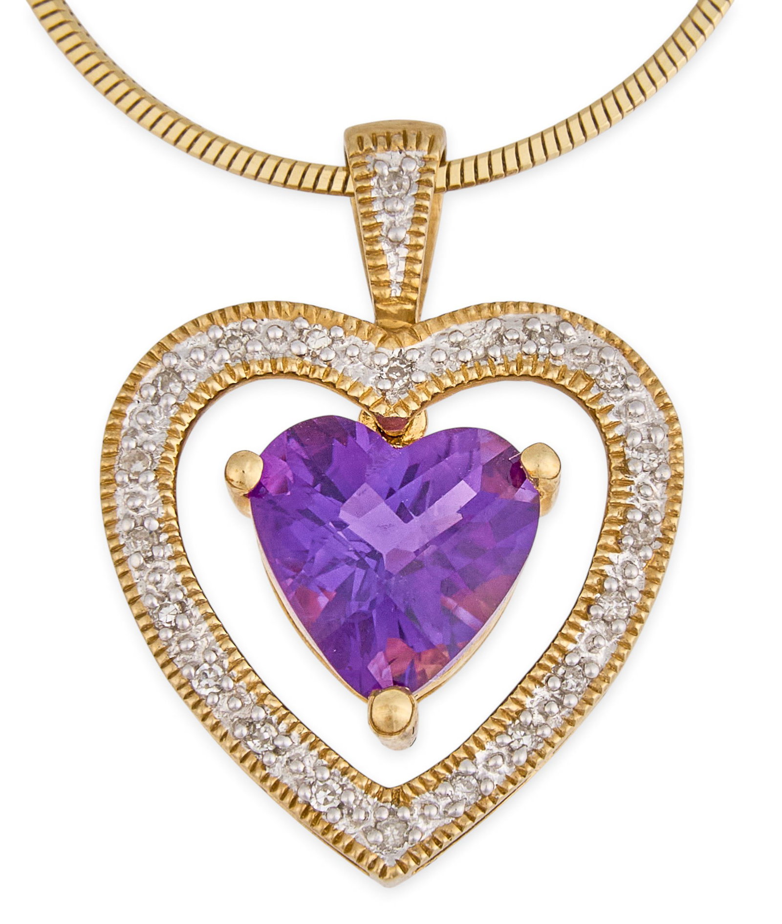 10K/14K Amethyst & Diamond Heart Pendant Necklace: Heart pendant necklace, pendant set with heart cut amethyst and round diamond details in a 10K yellow gold setting, marked "10K" to bail, on a 14K yellow gold chain, marked "14KT"