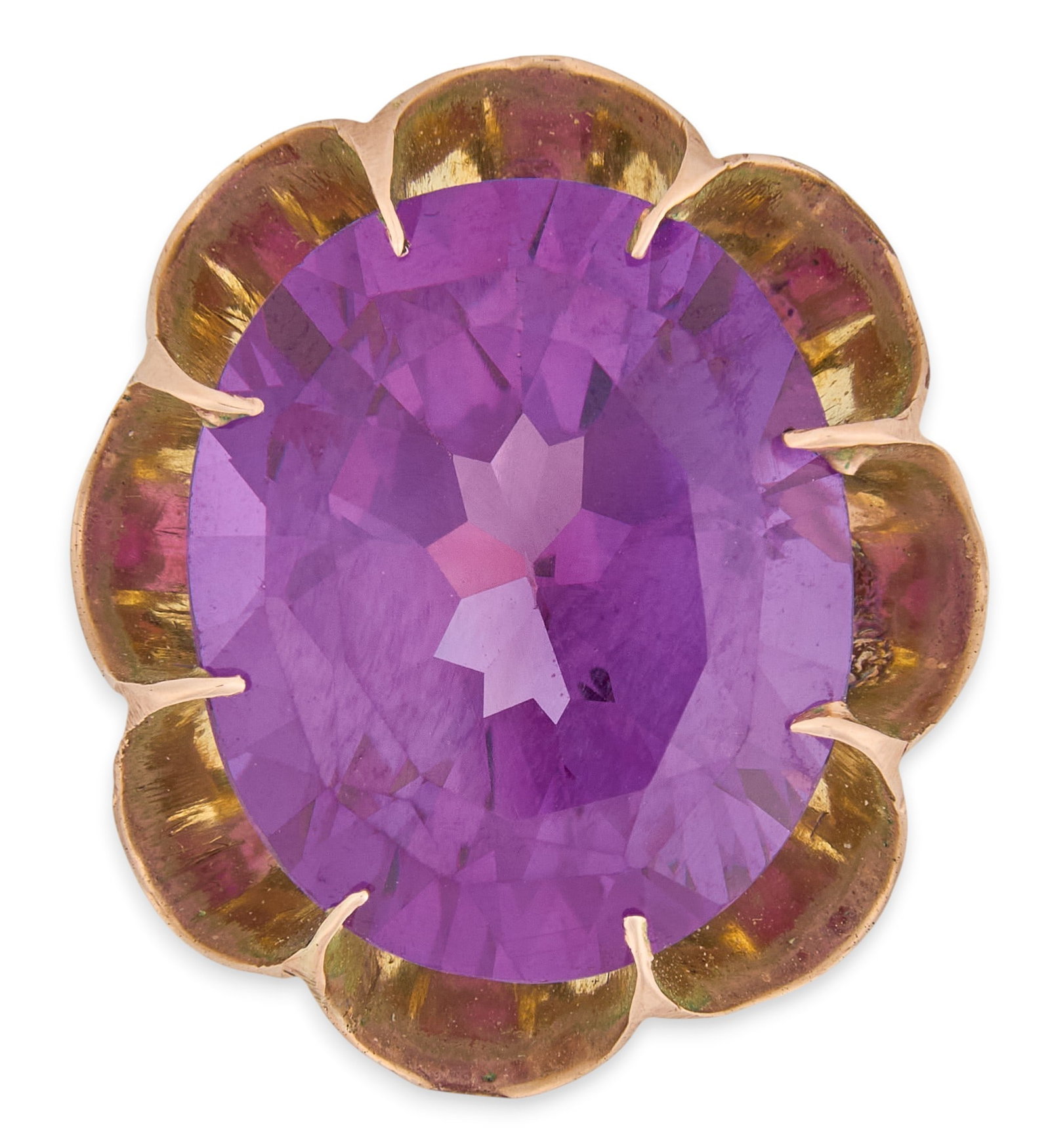 14K Amethyst Cocktail Ring: 14K yellow gold cocktail ring, set with large oval cut amethyst, in floral motif setting, marked "14CT" Size: 7.75 Total weight: 9.7 g Provenance: Property from an estate collection at a