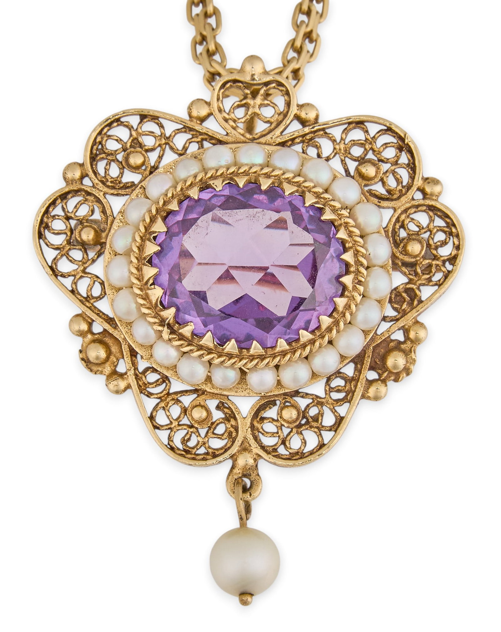 14K Victorian Amethyst & Seed Pearl Pendant Necklace: 14K Victorian yellow gold pendant necklace, pendant set with large amethyst center stone, accented by seed pearl halo and dangling round pearl accent, in filagree setting, marked "14K" to pe