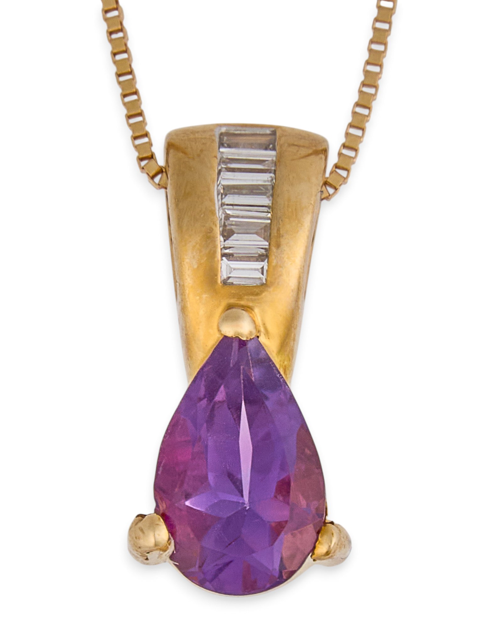 14K Amethyst & Diamond Pendant Necklace: 14K yellow gold pendant necklace, pendant set with pear cut amethyst and small baguette cut diamond details to bail, marked "14K" to bail and clasp Length: 18 in. Total weight: 2.9 g