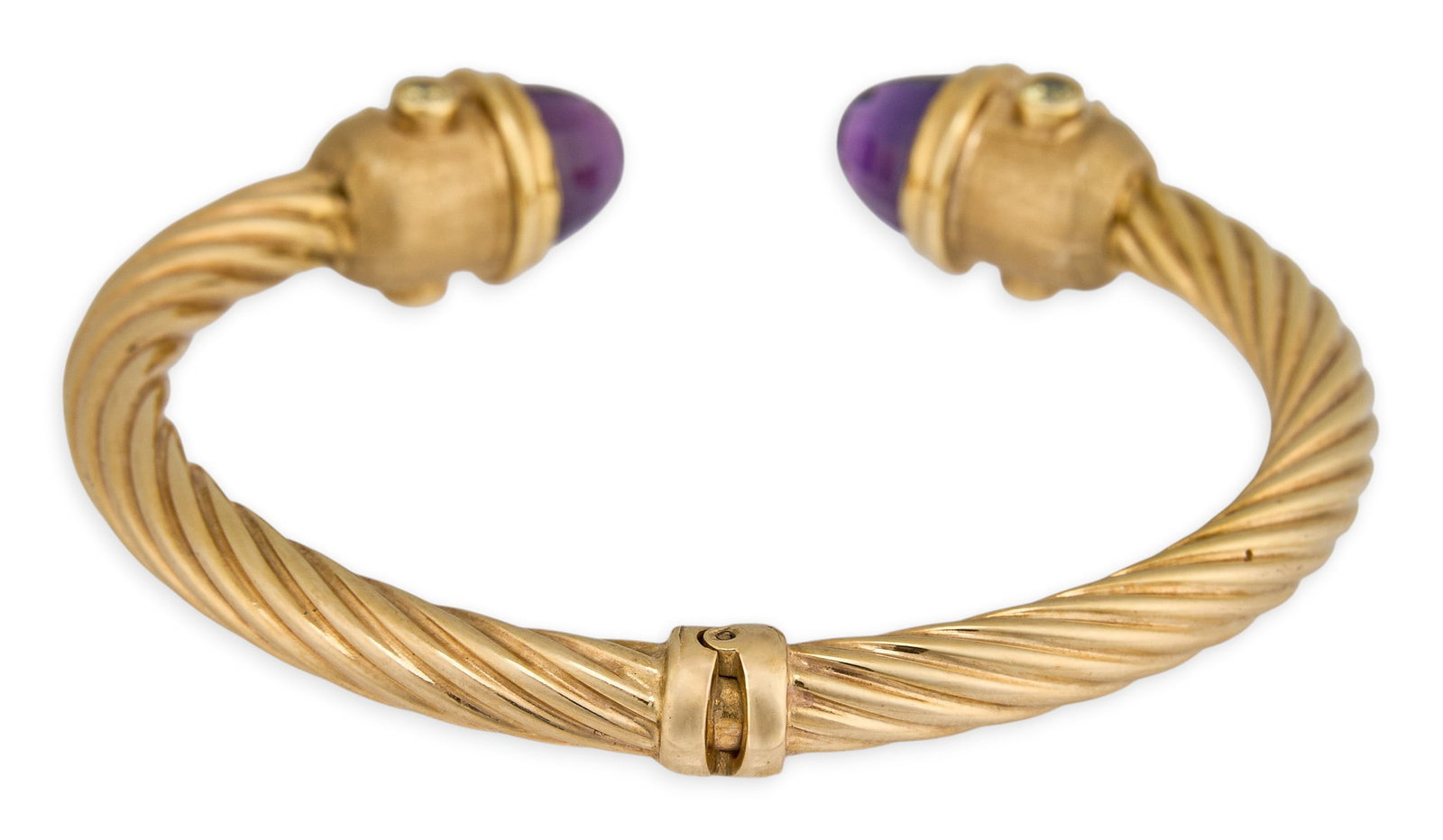 14K Amethyst Twisted Cuff: 14K yellow gold twist form hinged cuff, set with amethyst end caps and round diamond details in bezel settings, marked "14K" Circumference: 6 in. Total weight: 18.0 g Provenance: