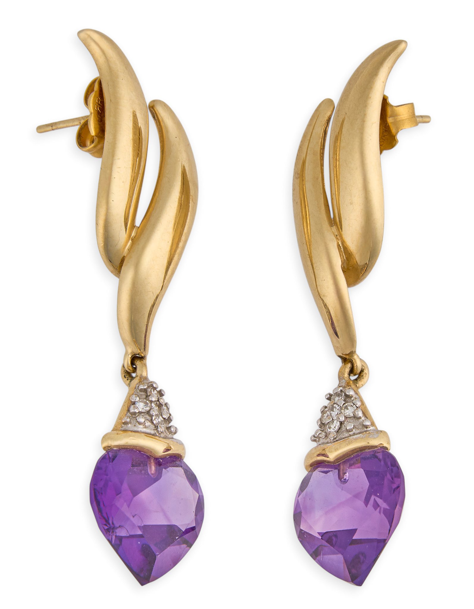 14K Diamond & Amethyst Dangle Earrings: Pair of 14K yellow gold dangle earrings, set with heart cut amethyst stones and round cut diamond details, marked "14K" Length: 1.75 in. Total weight: 7.1 g Provenance: Property