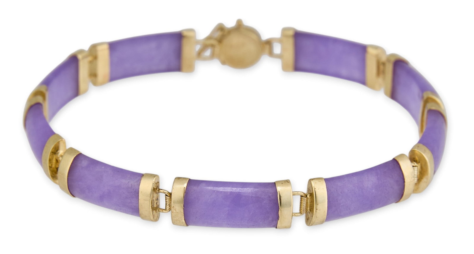 14K Lavender Jade Bracelet: 14K gold lavender jade bracelet featuring jade chain links, marked "14K" Length: 7 in. Total weight: 10.6 g Provenance: Property from an estate collection at a home in the