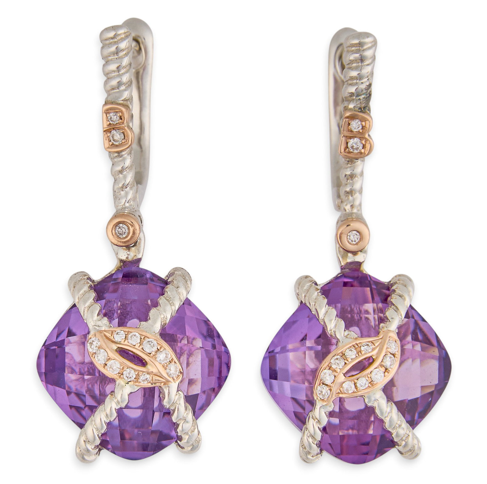 Bellarri 14K/Sterling Amethyst & Diamond Drop Earrings: Bellarri sterling silver dangle earrings set with cushion cut amethyst, approximately 12 mm x 12 mm each, accented by round diamonds in 18K rose gold settings, marked "925 18K Bellarri"