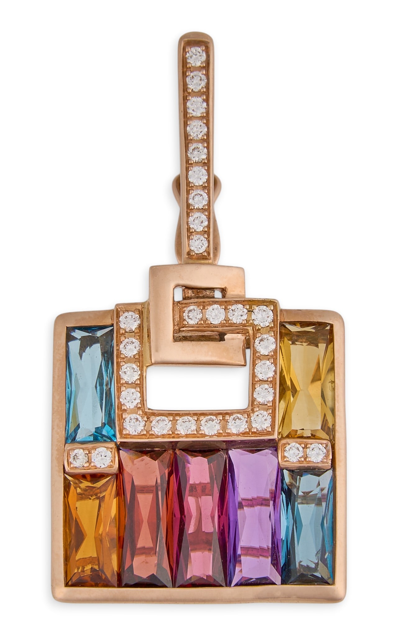 Bellarri 14K Boulevard III Enhancer: Bellarri 14K rose gold Boulevard III enhancer, set with round diamonds in pave setting, approximately 0.2 ctw, and baguette cut amethyst, blue topaz, citrine, and rhodolite, approximately 5.25