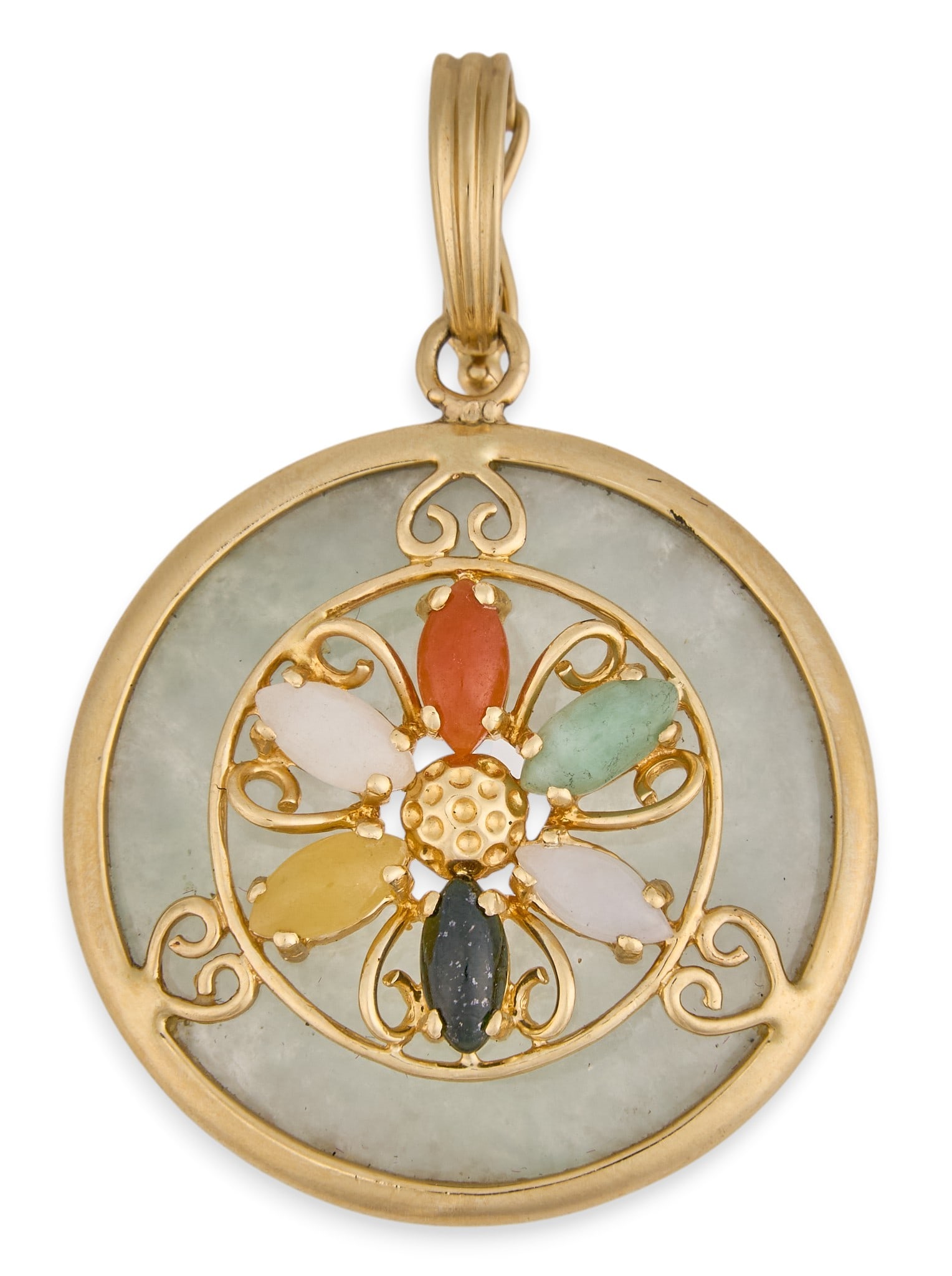 14K Multi-Colored Jade Pendant: 14K yellow gold pendant, set with multi-colored jade details in flower motif, bail marked "14K" Size: 1 in. / diameter Total weight: 7.6 g Provenance: Property from an estate