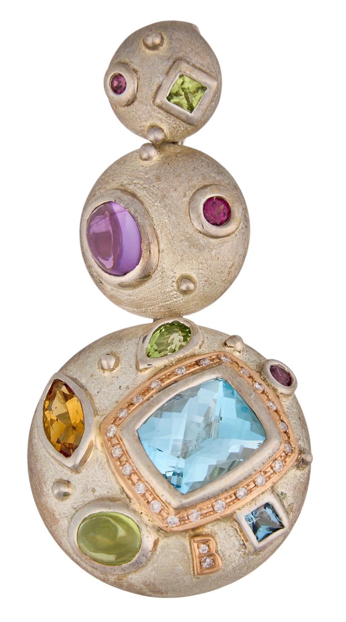 Bellarri 18K/Sterling Multi-Stone Pendant: Bellarri sterling silver three-tiered pendant, set with blue topaz, amethyst, citrine, peridot, garnet, and diamonds, with 18K rose gold setting details and "B" motif, marked