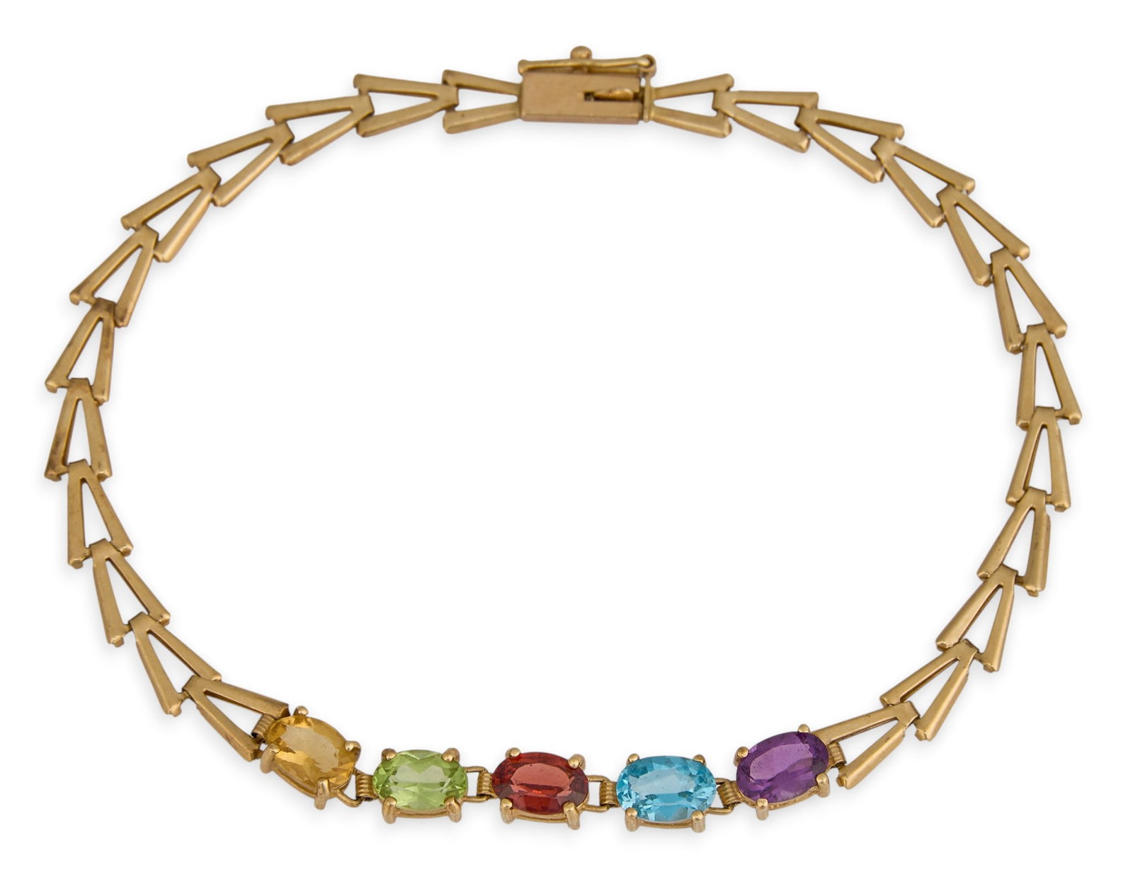 14K Rainbow Gemstone Bracelet: 14K yellow gold bracelet, set with oval cut gemstones in rainbow design, marked "14K" Length: 7 in. Total weight: 4.1 g Provenance: Property from a home in San Antonio, Texas